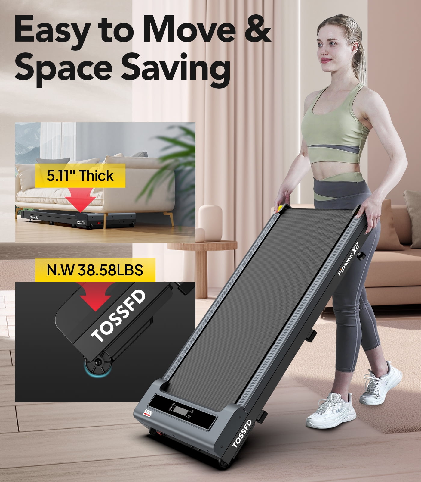 TOSSFD 2.5HP Walking Pad,38.6"*15.7"Walking Area,0.5-3.8MPH Under Desk Treadmill for Home/Office, Walking Jogging Machine with 280 lbs Weight Capacity,X2 - Image 2
