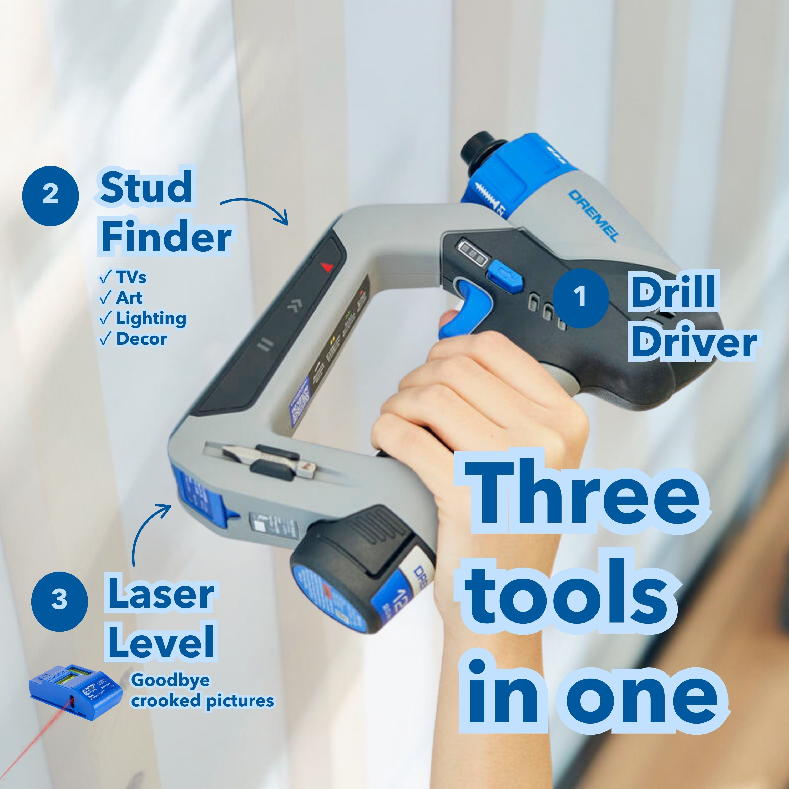 Dremel Blueprint 3 in 1 Drill/Driver with Integrated Stud Finder, Detachable Bubble Laser Level & 12 Bits - Image 8
