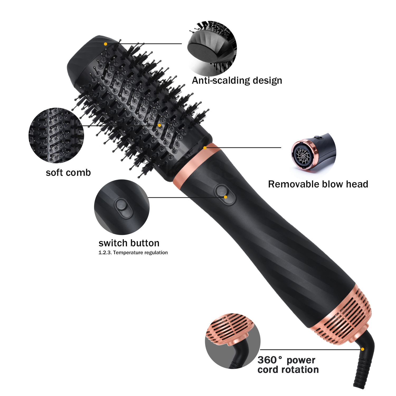 Atopskins 6 in 1 Hot Air Brush, Professional Hair Dryer Brush Blow Dryer Brush Detachable Design Styling Tools 3 Temp for Straightening, Curling and Drying - Image 2
