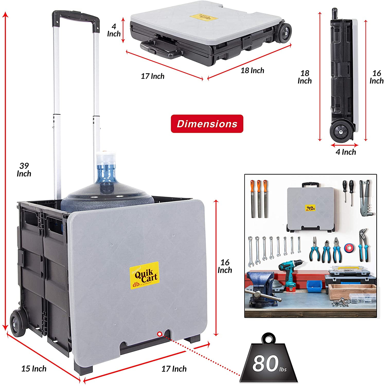 dbest products Quik Cart Collapsible Rolling Crate on Wheels for Teachers Tote Basket 80 lbs Capacity, Made from Heavy Duty Plastic and Used as a Seat, Grey - Image 6