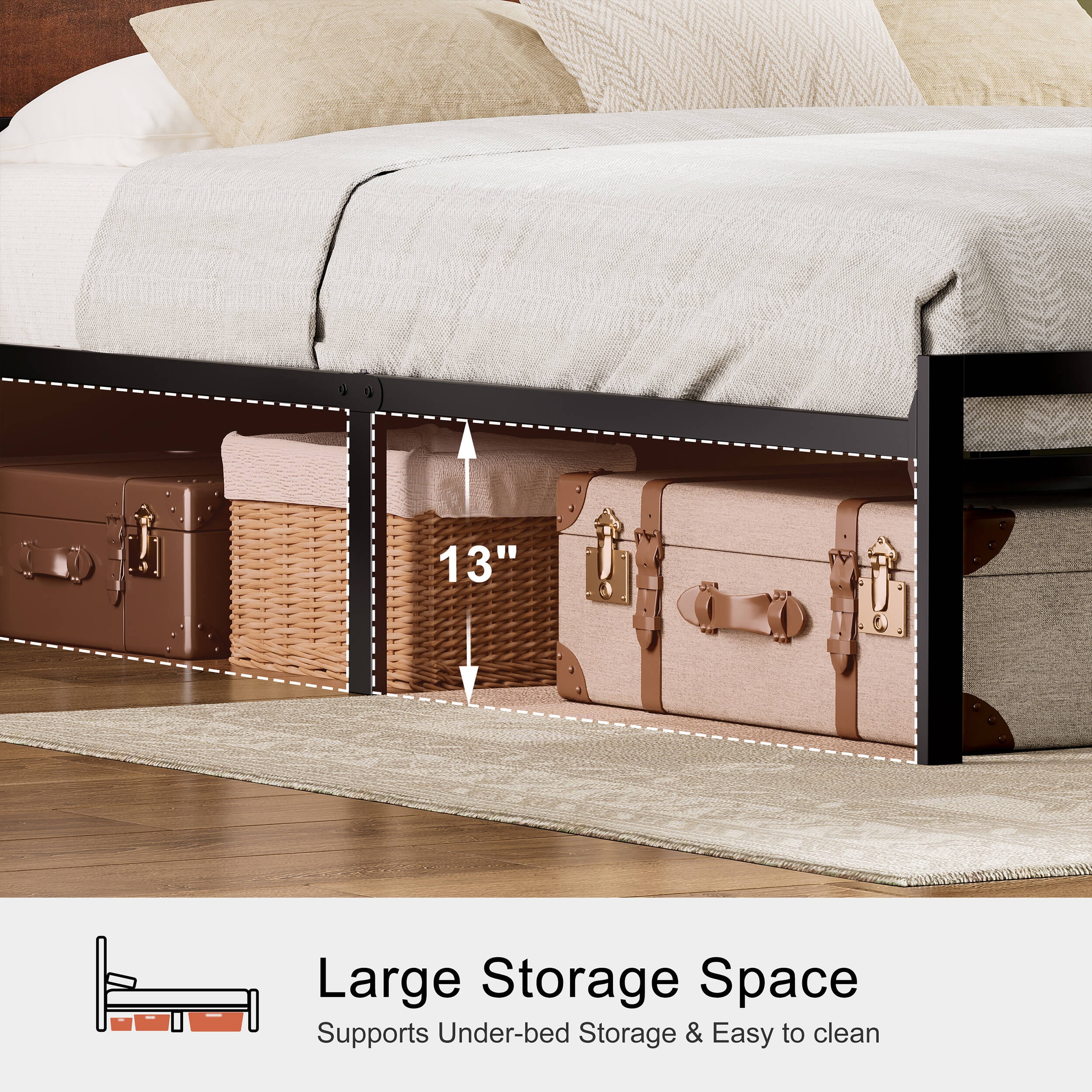 GUNAITO Queen Bed Frame with Headboard Metal Platform Bed with LED Lights and Charging Station, Rustic Brown - Image 3