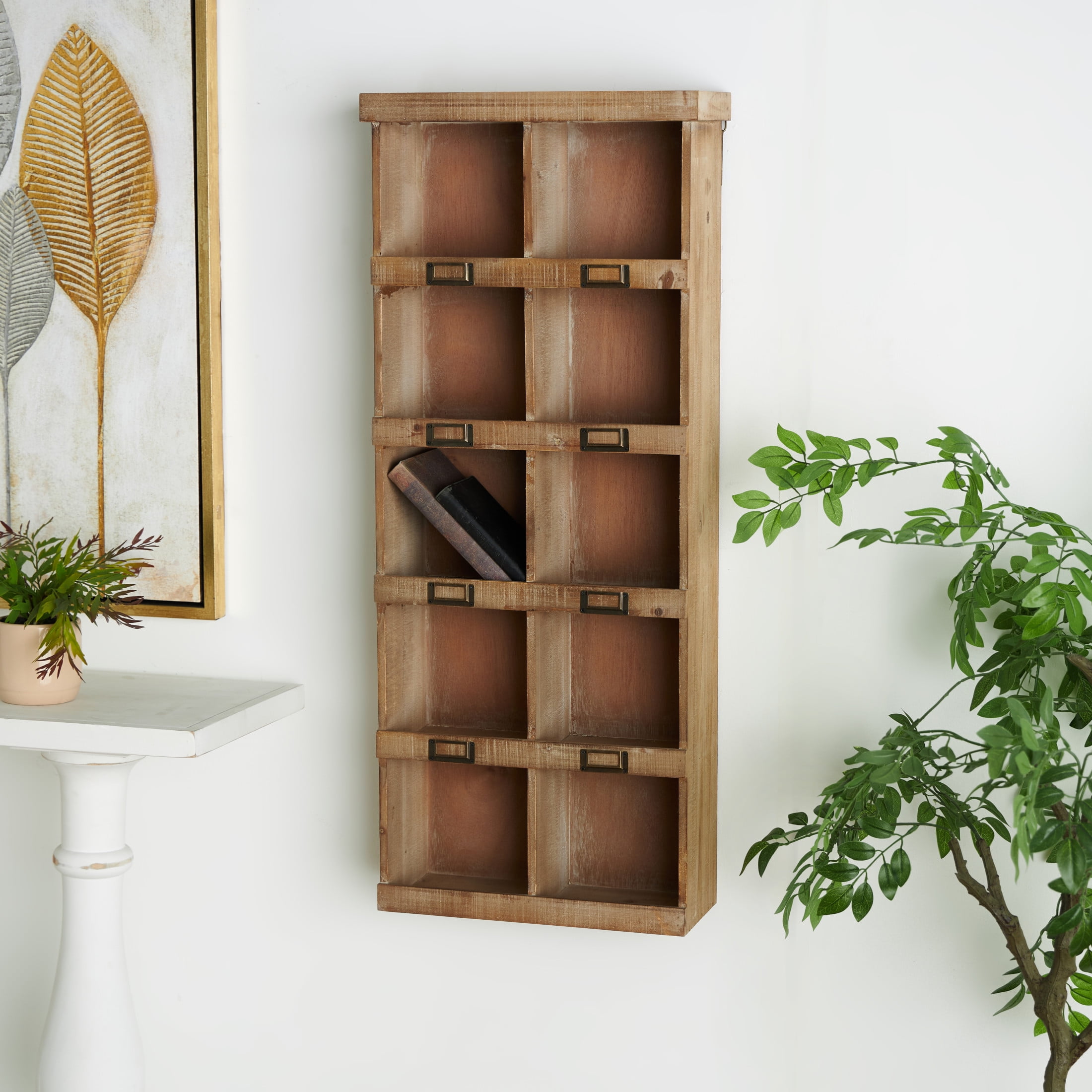 DecMode Rustic Bookcase Inspired Wood Wall Shelf with 10 Square Units and Brown Wood Grain Finish, 18"W x 42"H - Image 7