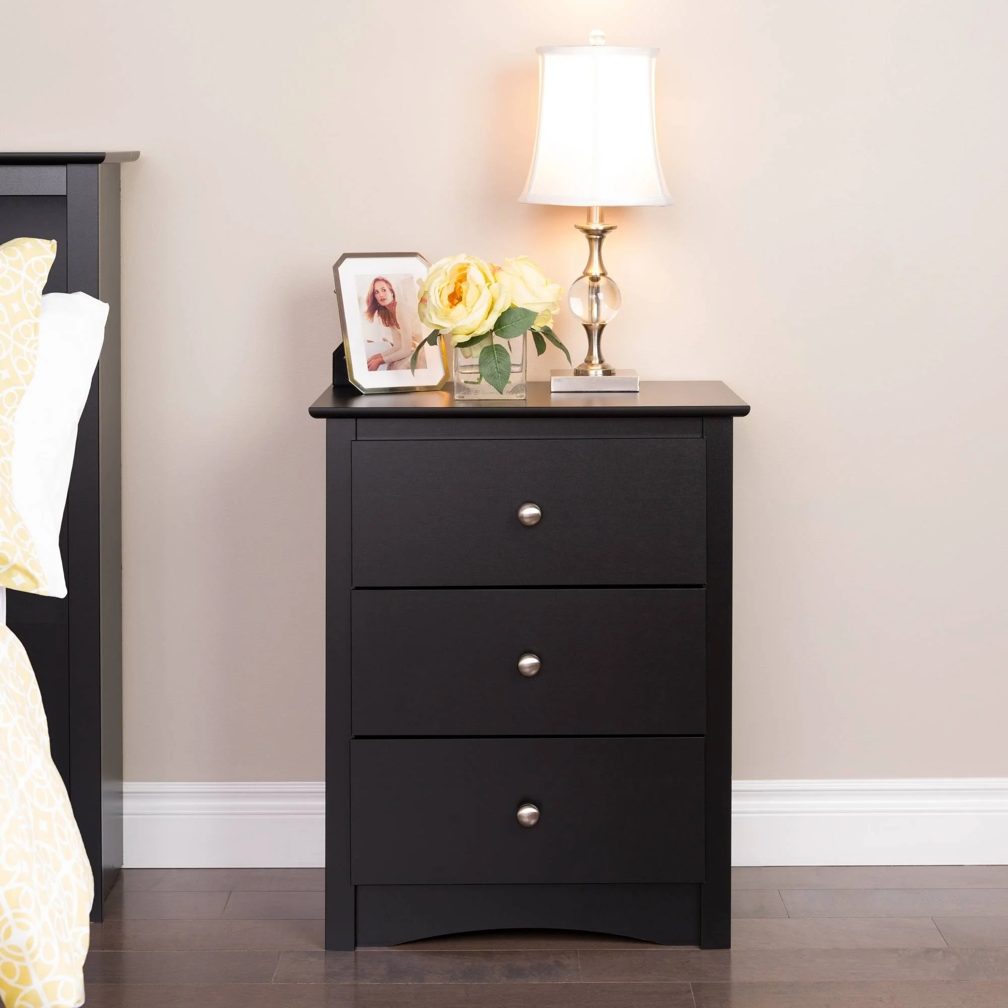 Prepac Sonoma 3-Drawer Tall Bedroom Nightstand, Black - Image 3