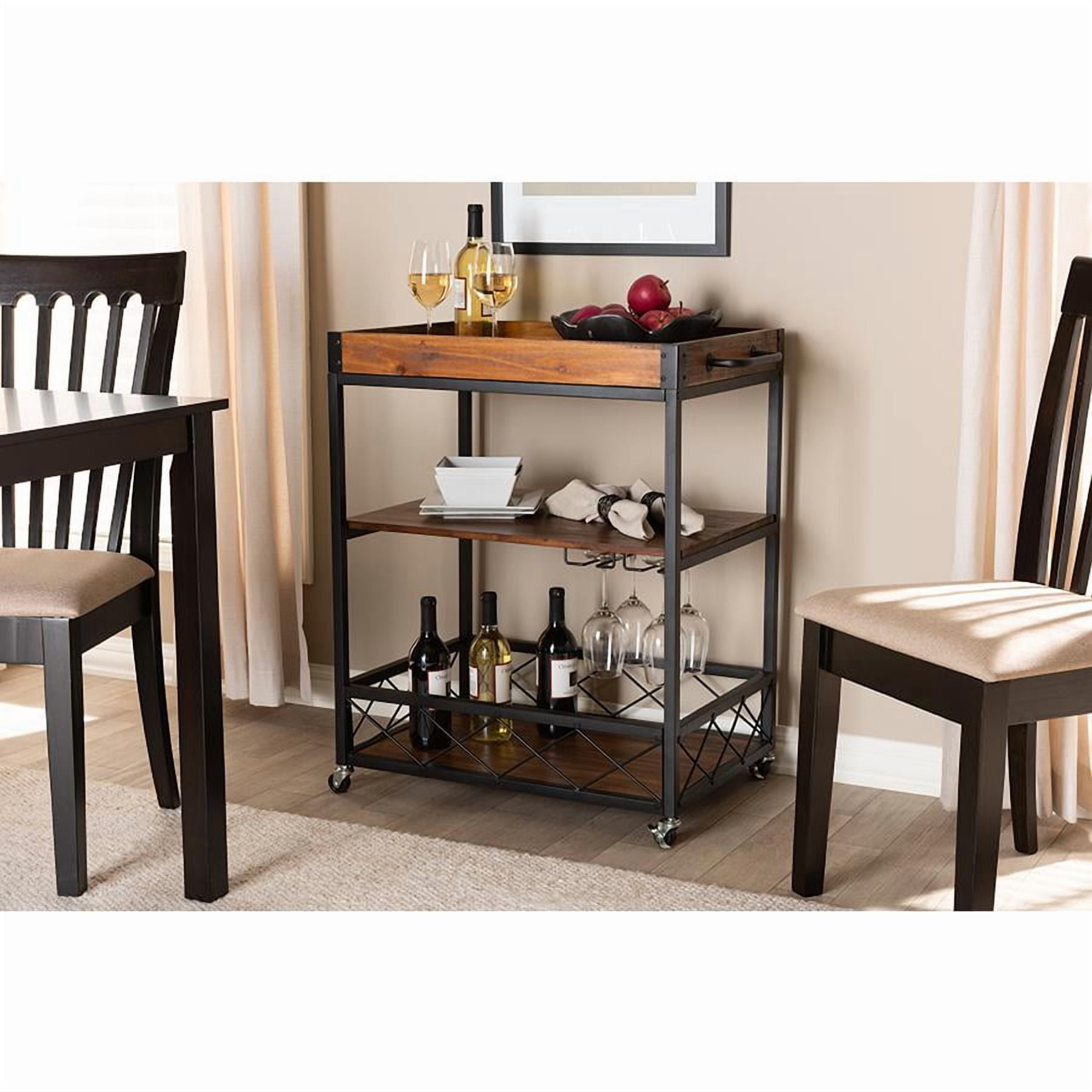 Baxton Studio Capri Vintage Rustic Industrial Oak Brown and Black Finished Mobile Metal Bar Cart with Stemware Rack - Image 3
