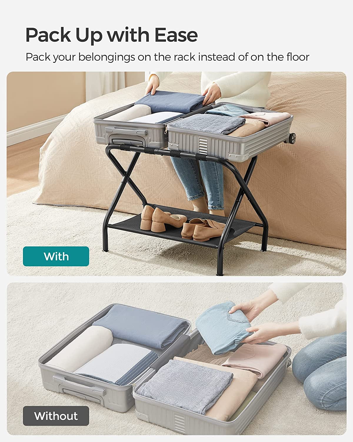 Luggage Racks Set of 2 Suitcase Stand with Fabric Storage Shelf for Guest Room Bedroom Hotel Foldable Holds up to 110 lb Black - Image 2