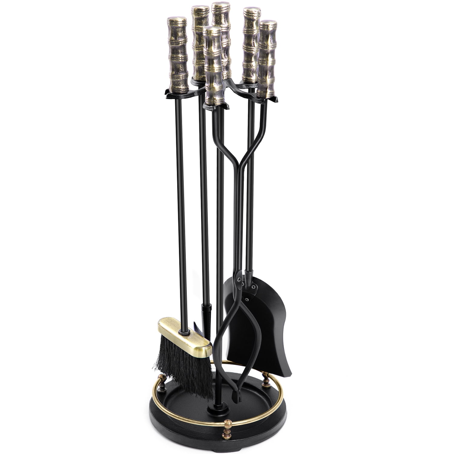 Amagabeli 30in Fireplace Tools Set Brass Handle 5Pieces Wrought Iron Indoor Fireset Stand Wood Log Holder Outdoor Fire Pit Hearth Accessories Kit Antique Fire Tongs Shovel Brush Chimney Poker Tool Set - Image 3