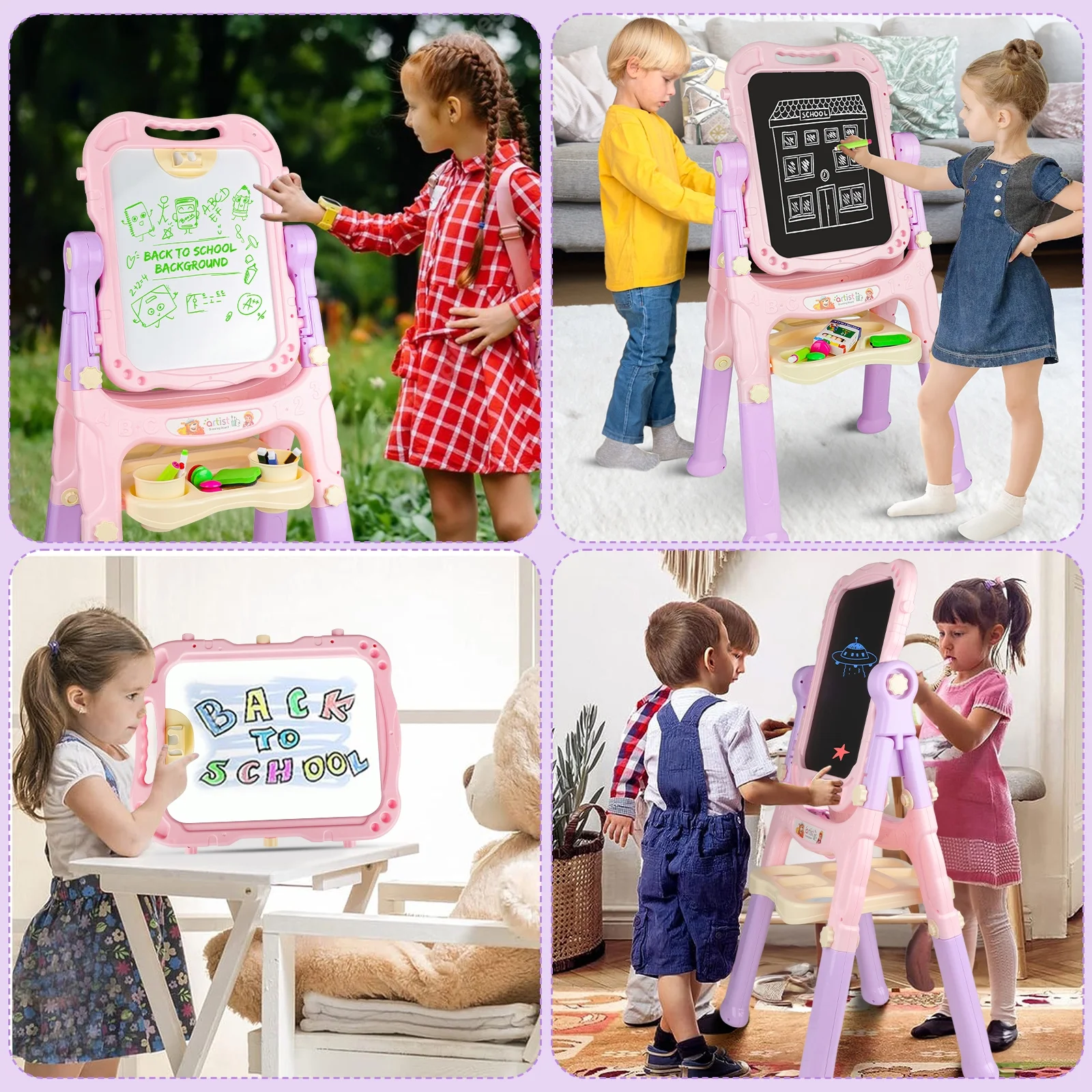 Beefunni Art Easel for Kids 3+, 4 in1 Double-Sided Easel for Toddlers, Large Magnetic Board, Portable Drawing White Board & Chalkboard, Birthday Gifts for Girls 3 4 5 6 - Image 4