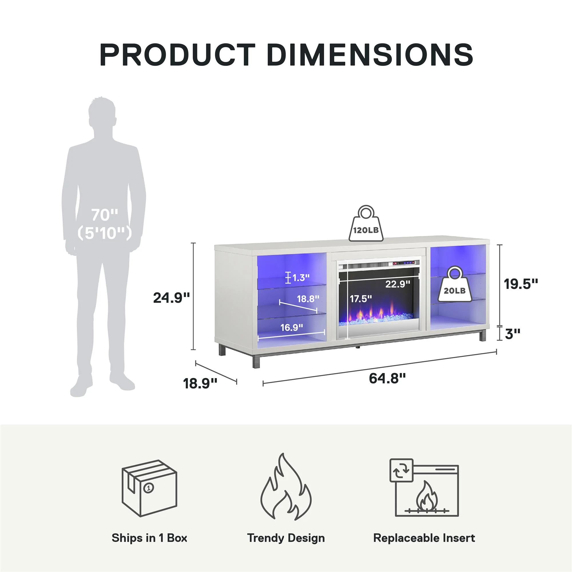 Lumina Fireplace TV Stand for TVs up to 70", White - Image 6