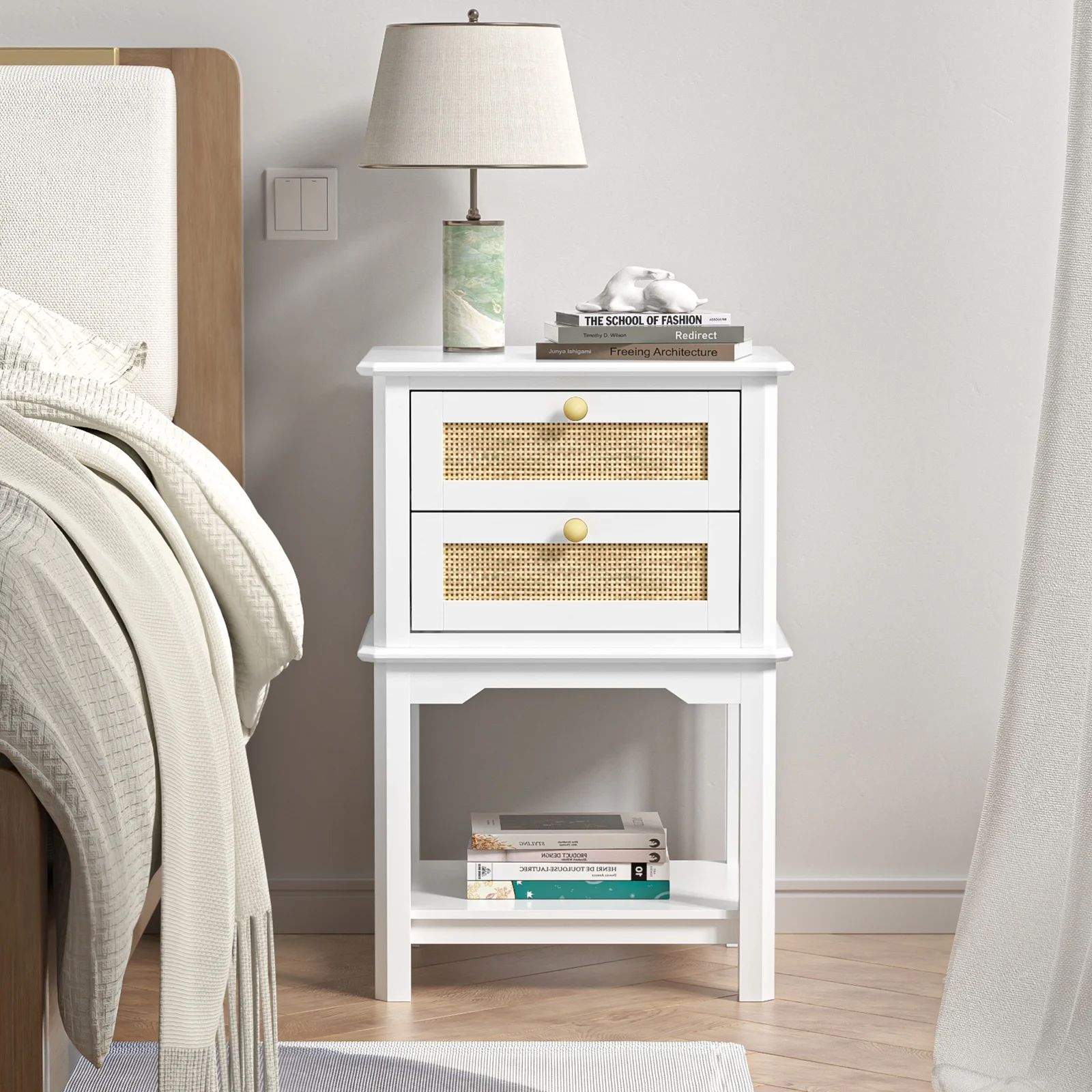 Eumyviv Rattan Nightstand with 2 Drawers and One Open Shelf Bedside Table Side Table for Bedroom Living Room, White& Oak GN002 - Image 2
