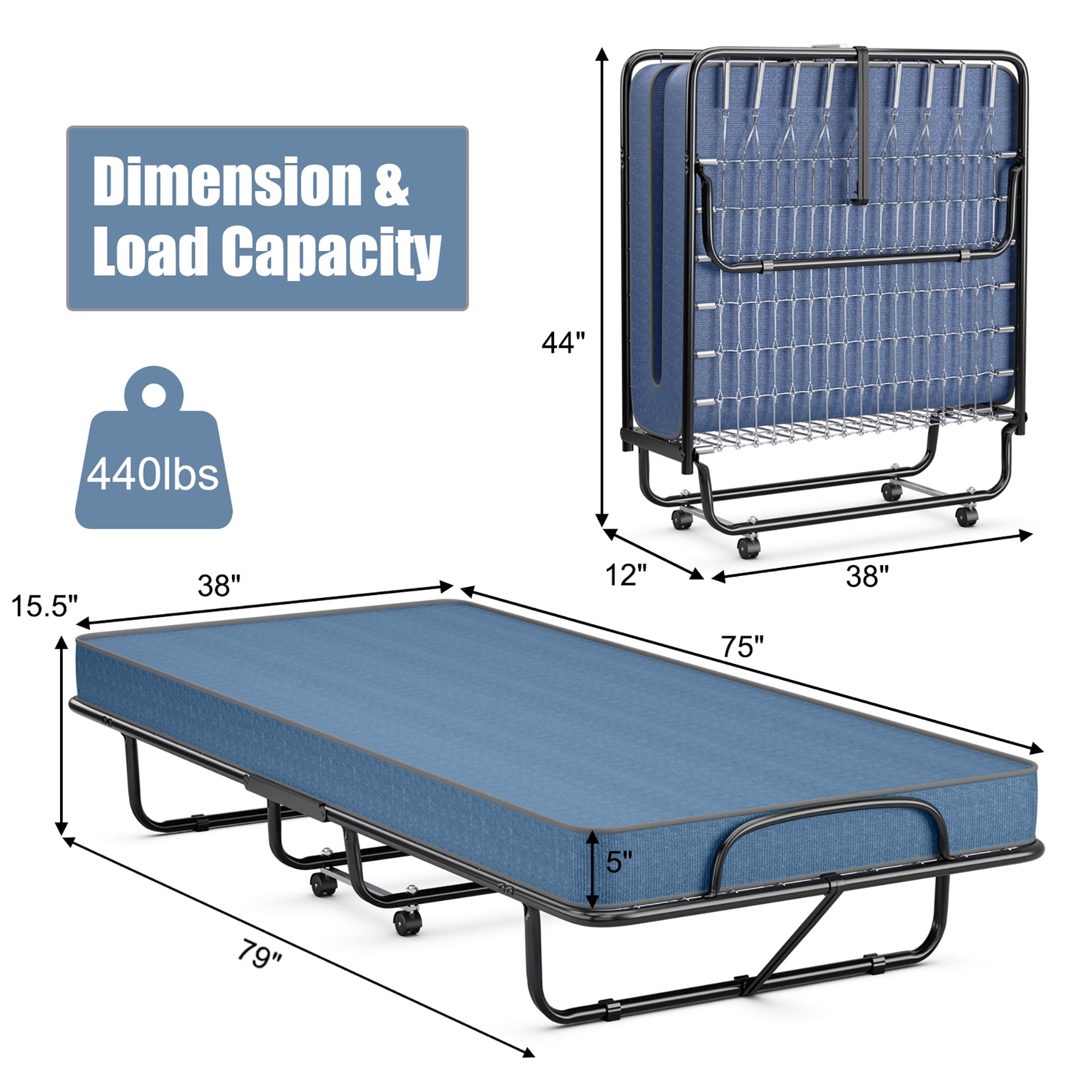 Gymax Folding Bed with Mattress Portable Rollaway Guest Cot Memory Foam Made in Italy Navy - Image 4