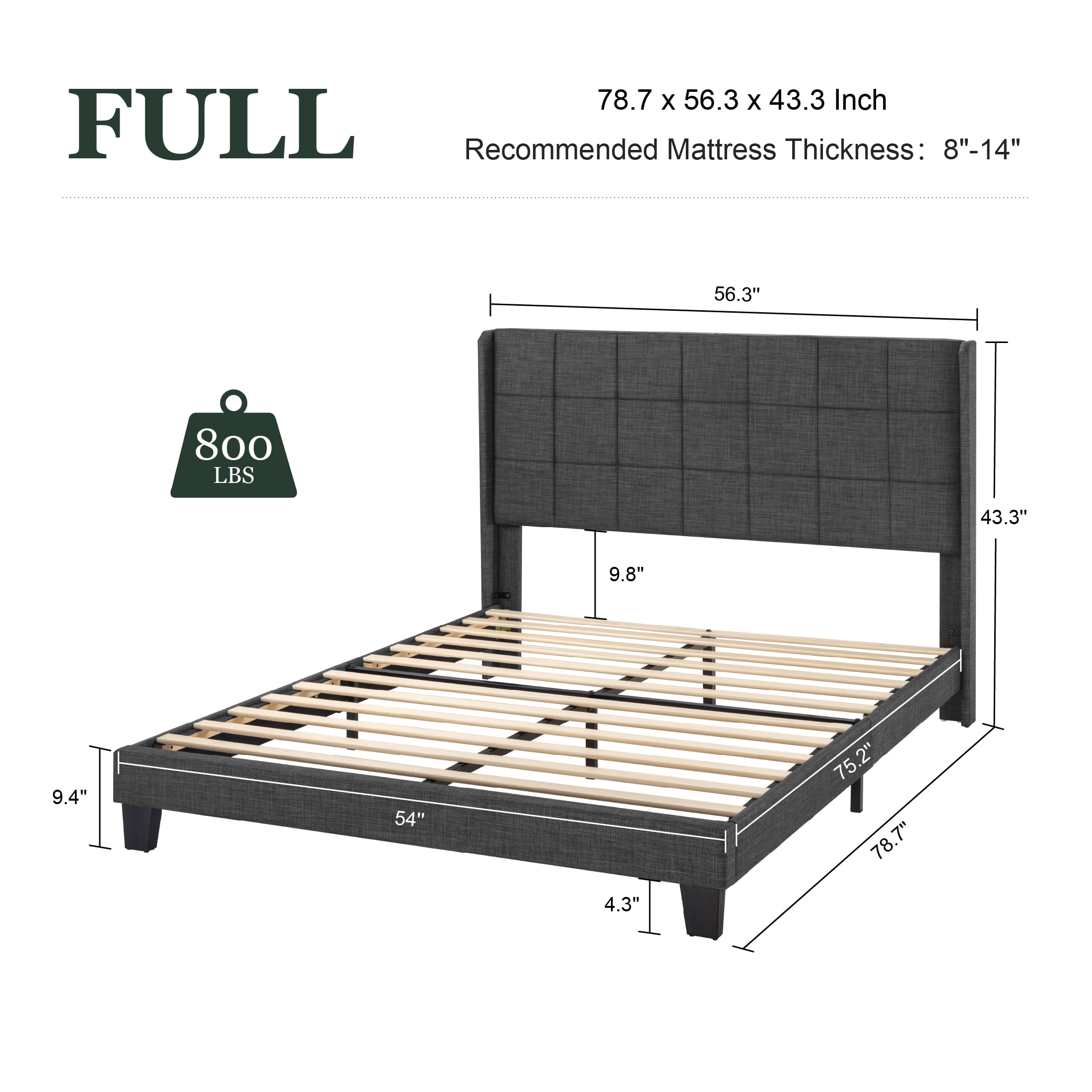 Amolife Full Size Platform Bed with Wingback Headboard, Square Stitched Style, Dark Grey - Image 5
