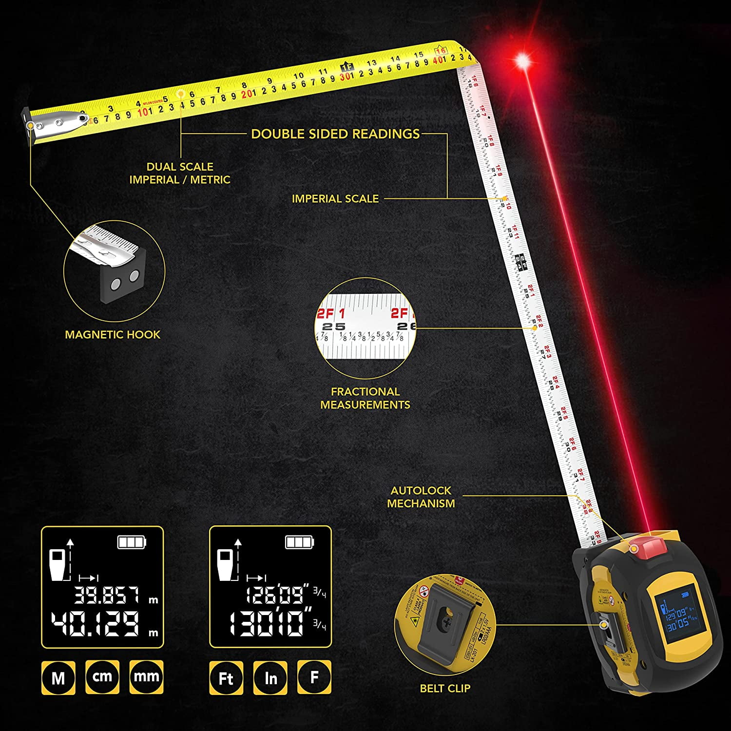LEXIVON 2 in 1 Digital Laser Tape Measure | 130ft/40m Laser Distance Meter Display On Backlit LCD Screen with 16ft/5m AutoLock Measuring Tape | Ft/Inch/Fractions/M/mm(LX-201) - Image 6