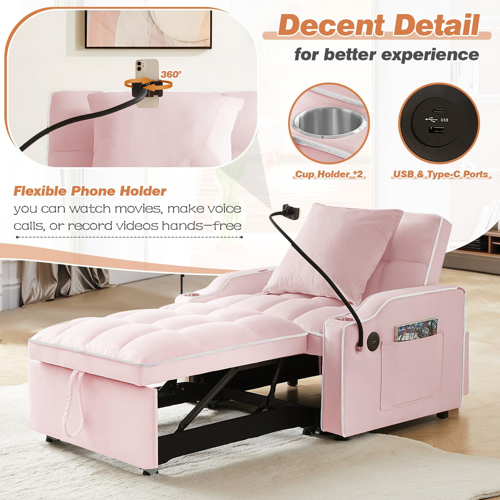 Aukfa Convertible Sleeper Chair Bed with USB Port, Cup Holder and Swivel Phone Holder, Pull Out Sofa Chair for Living Room/Bedroom/Small Space, Pink - Image 8