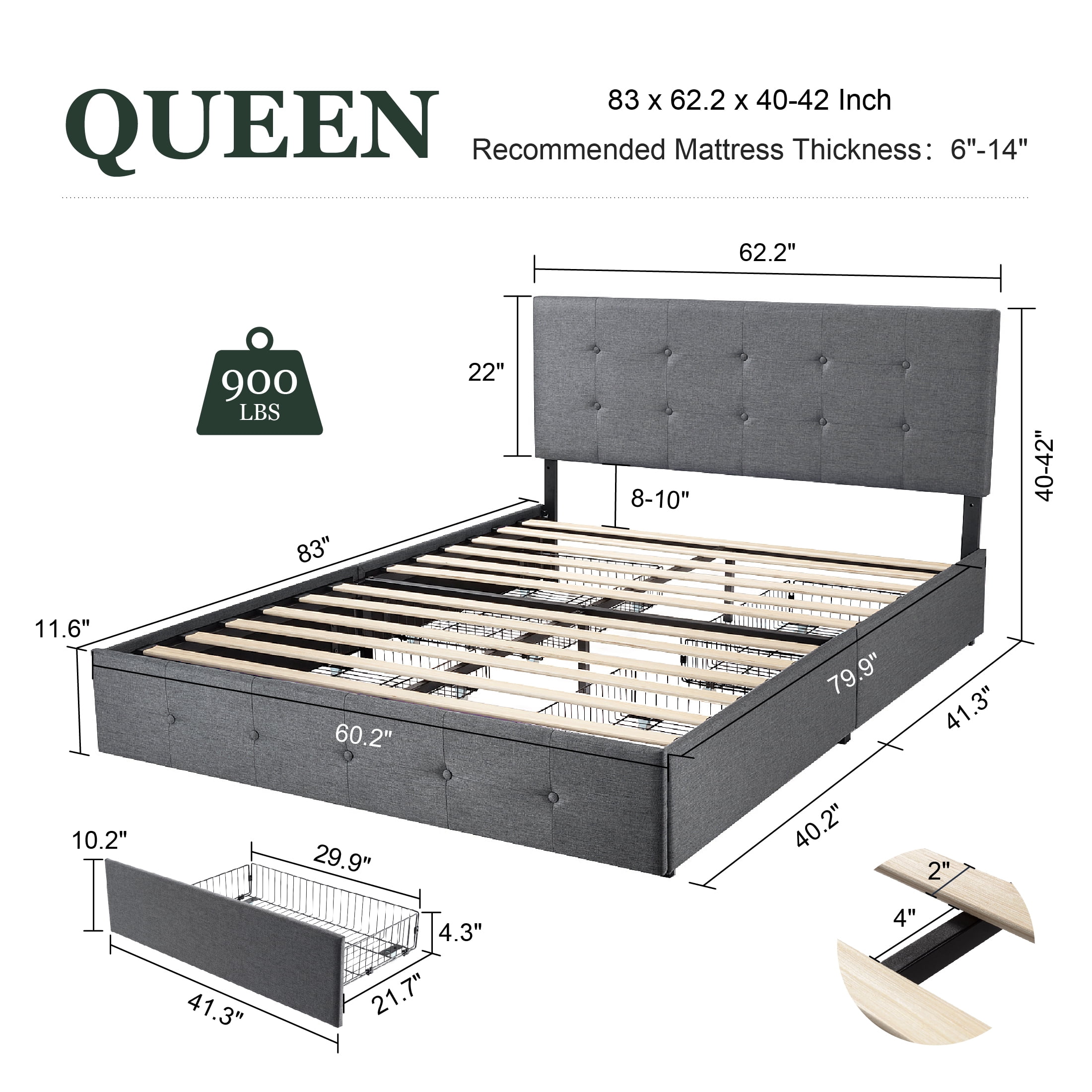Amolife Queen Size Platform Bed Frame with Square-stitched Headboard and 4 Drawers, Dark Gray - Image 3