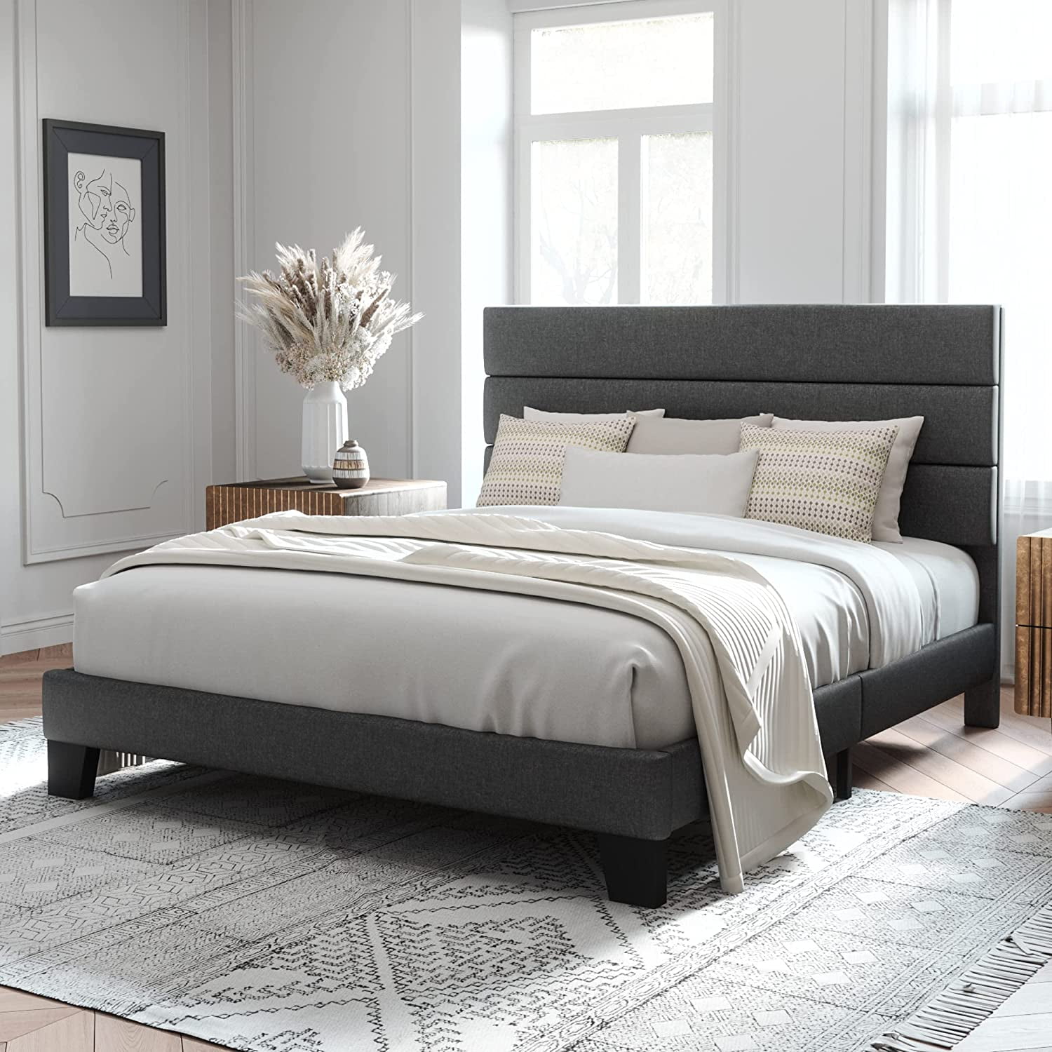 Allewie Queen Size Platform Bed Frame with Fabric Upholstered Headboard, No Box Spring Needed, Dark Grey - Image 7
