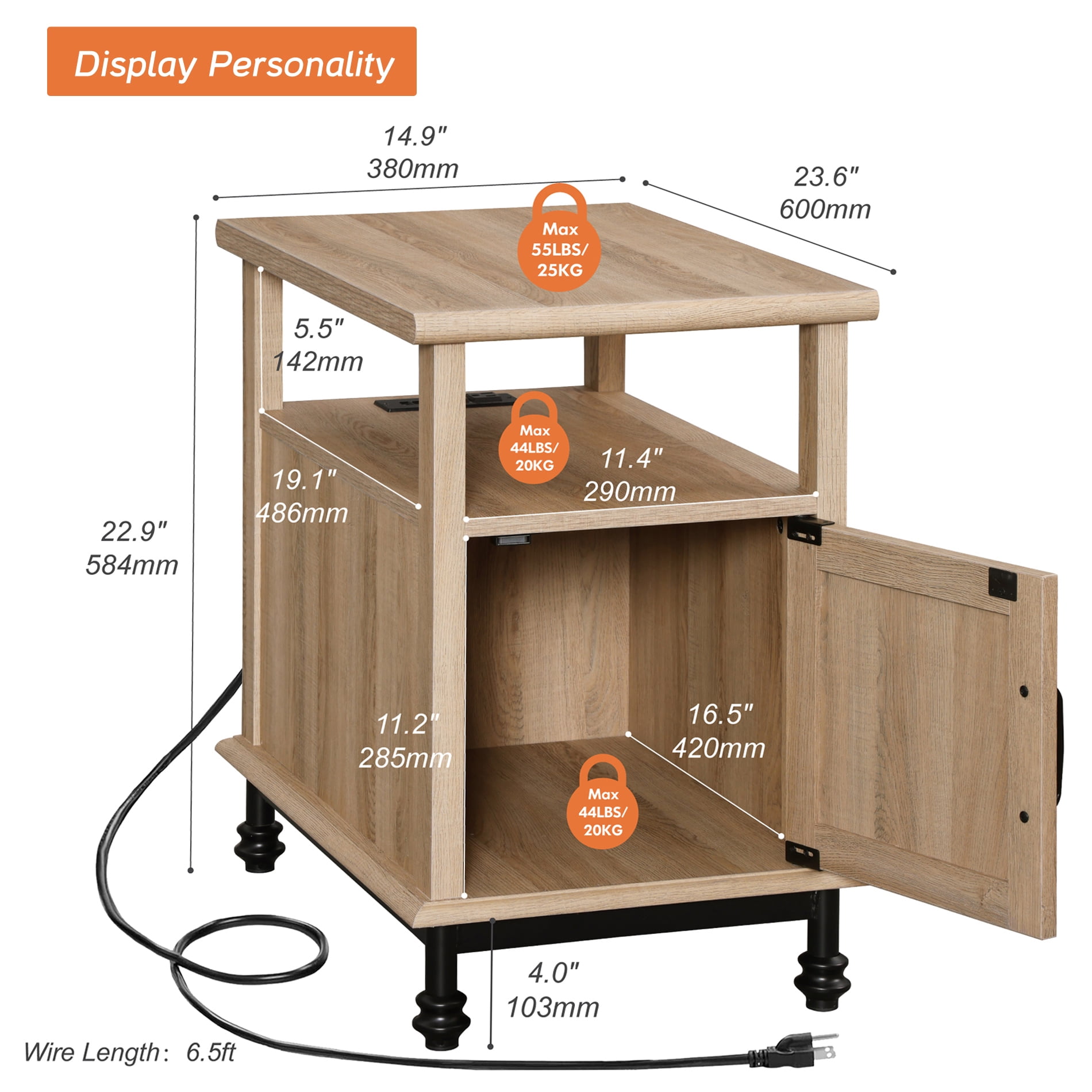 Oak End Table Bedside Table with Charging Station & Cabinet for Bedroom, Side Table for Living Room, 23.6 inches - Image 2
