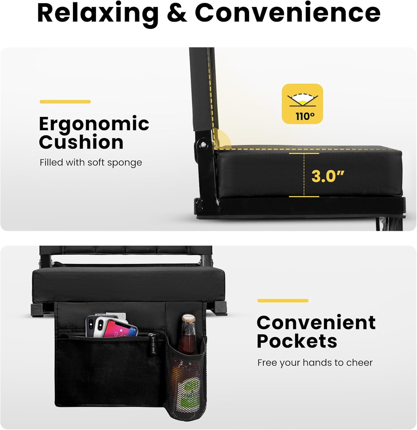 SPECSTAR 2-Pack Portable Stadium Seat for Bleachers with Back Support, Folding Bleacher Chair with Cup Holder and Shoulder Strap Black - Image 3