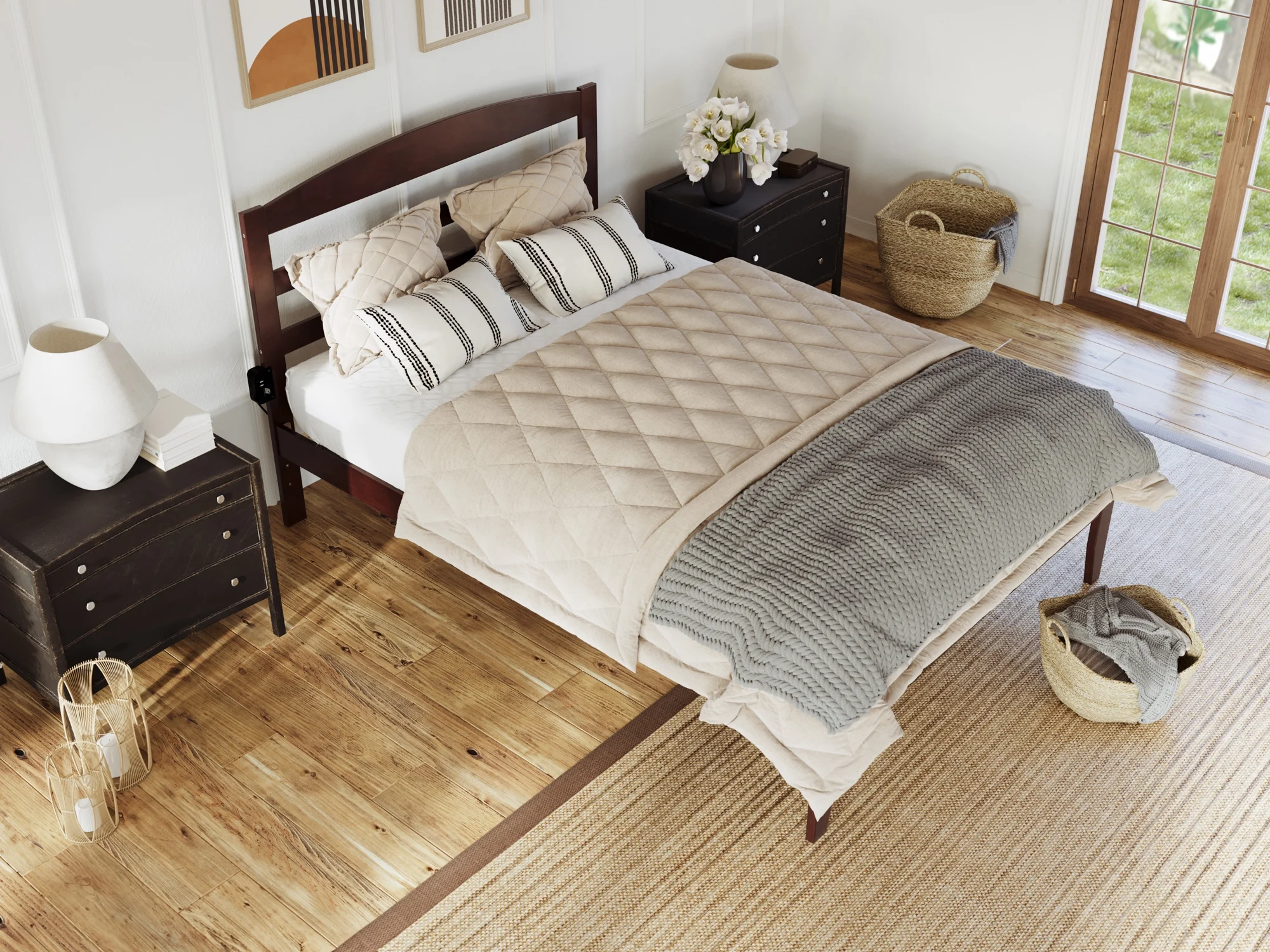 AFI Warren 14" Queen Wood Platform Bed Frame with Slatted Headboard, Walnut - Image 3