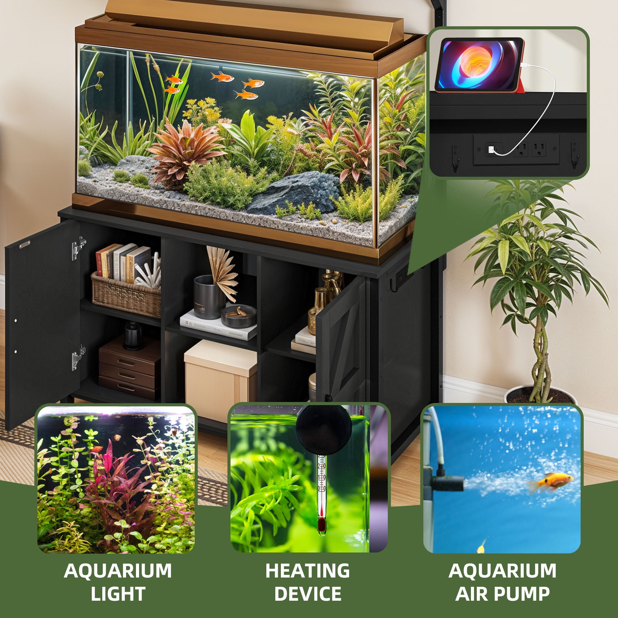 Uforic 120 gal Fish Tank Stand w Shelf and Cabinet, 1100 lbs Capacity, Power Outlets, Metal, Black - Image 9