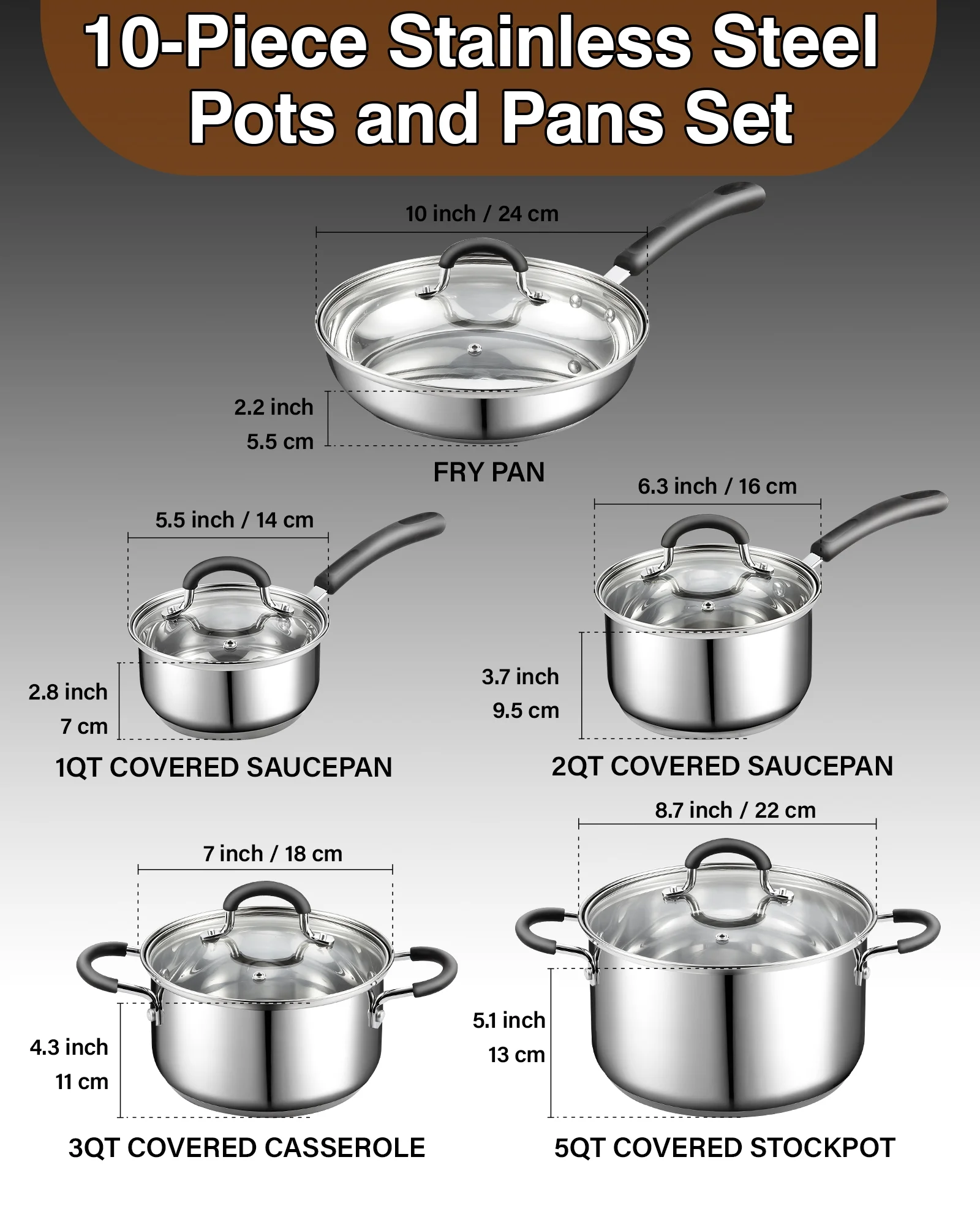 Cook N Home Stainless Steel Cookware Sets 10-Piece, Pots and Pans Kitchen Cooking Set with Stay-Cool Handles, Dishwasher Safe, Silver - Image 5