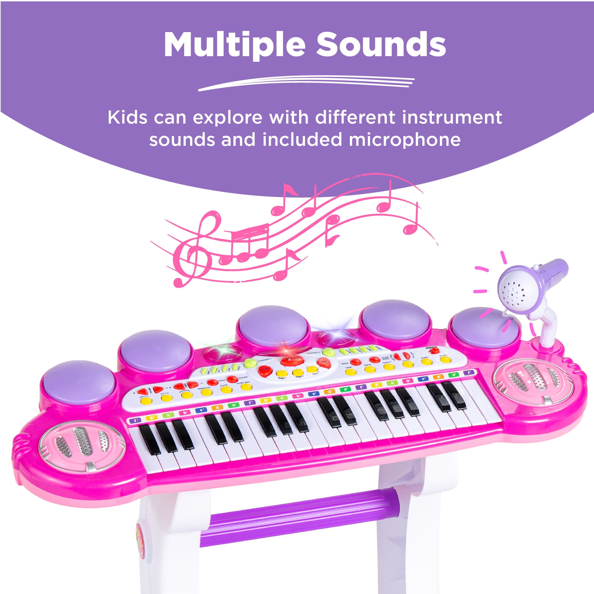 Best Choice Products 37-Key Kids Electronic Piano Keyboard w/ Multiple Sounds, Lights Microphone, Stool - Pink - Image 4
