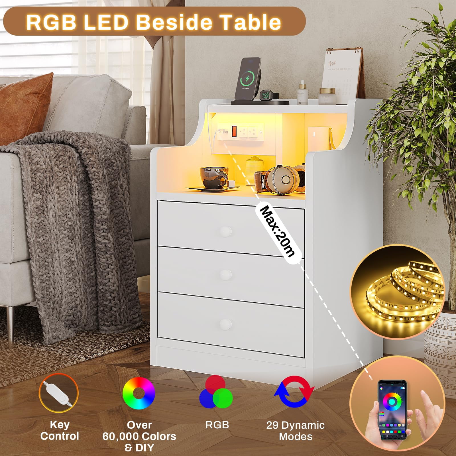 Nightstand with Charging Station and LED Lights, Night Stand with Hutch and Storage Drawers, White - Image 5