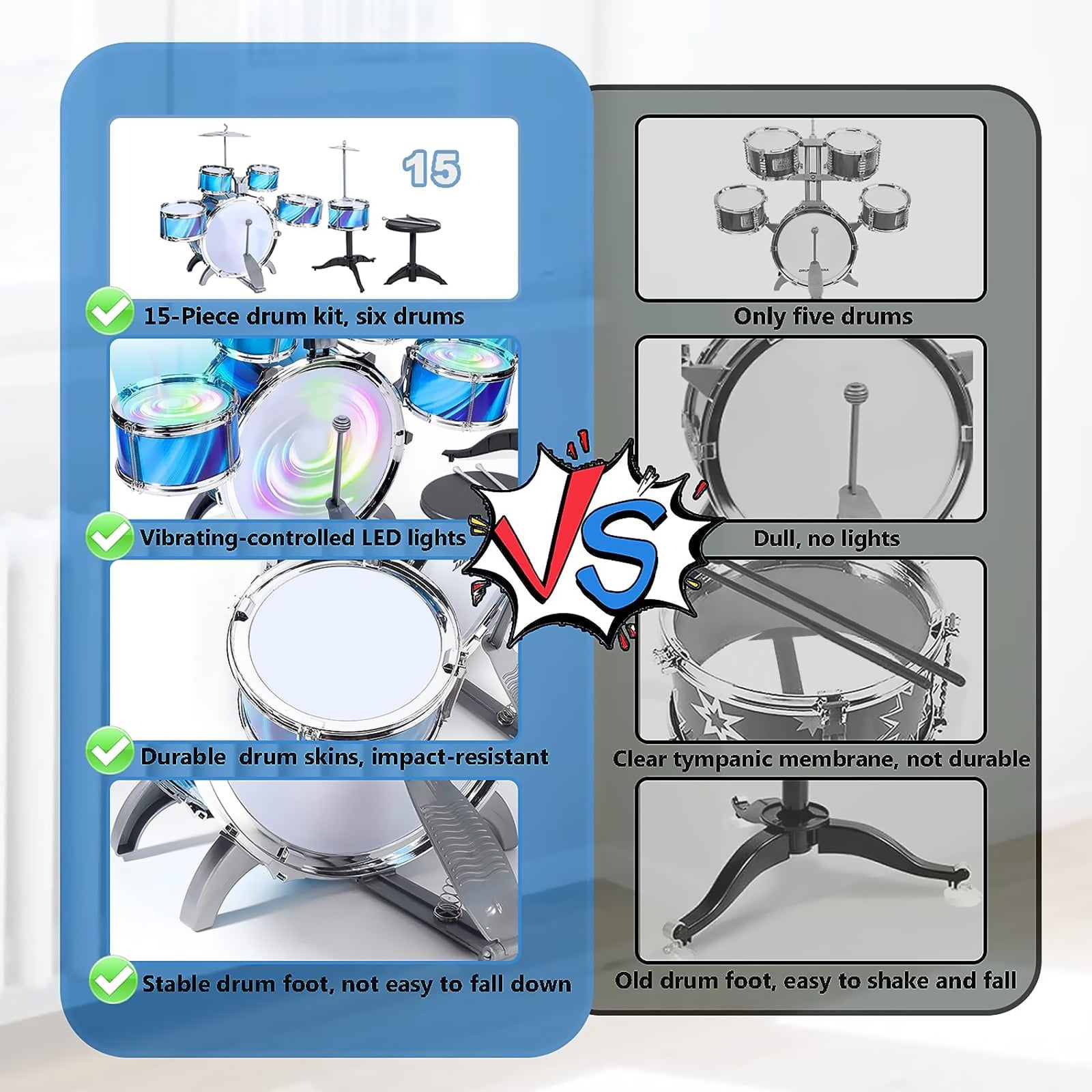 Kids Drum Set, 15 Pieces Drum Set for for Toddlers 1-3, Musical Instrument Toys with 6 Drums, w/ 4 Lights and 2 Cymbals, Drum Kit Boys Girls Birthday Gift for Beginner Music Practice - Image 8