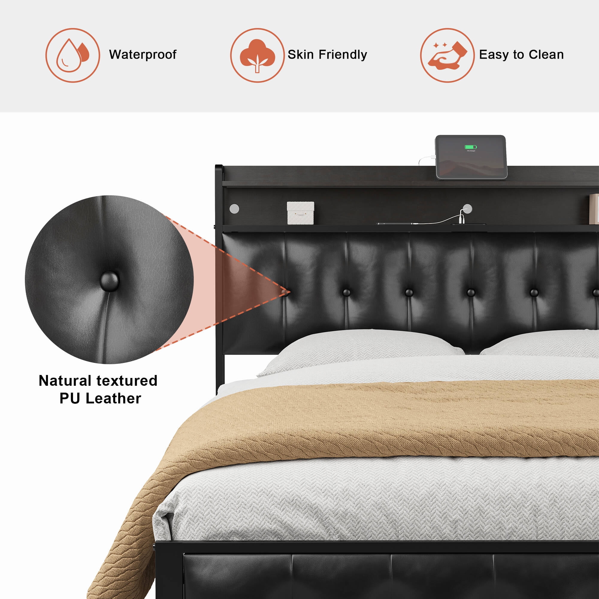 GUNAITO Queen Bed Frame with Storage Headboard Upholstered Platform Bed with LED Lights and Power Charging Station, Black - Image 4