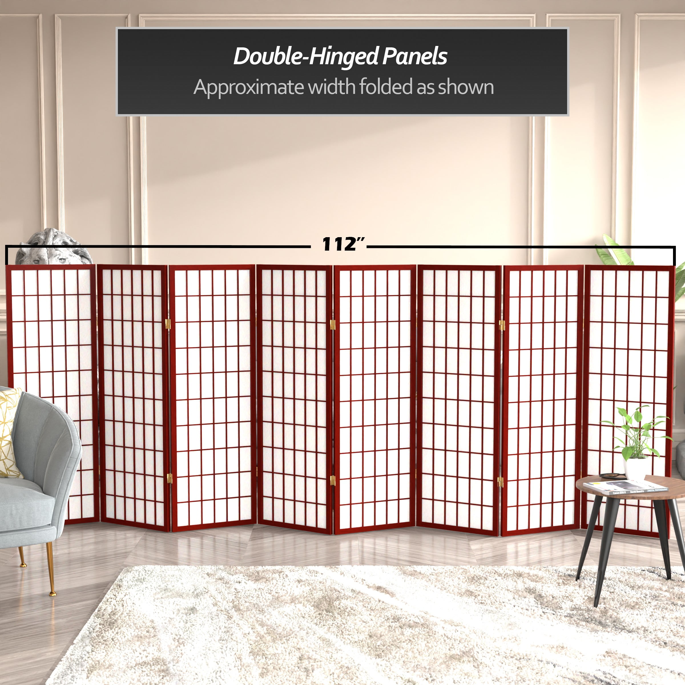 Red Lantern 4 ft. Short Window Pane Shoji Screen - Rosewood - 8 Panels - Image 6