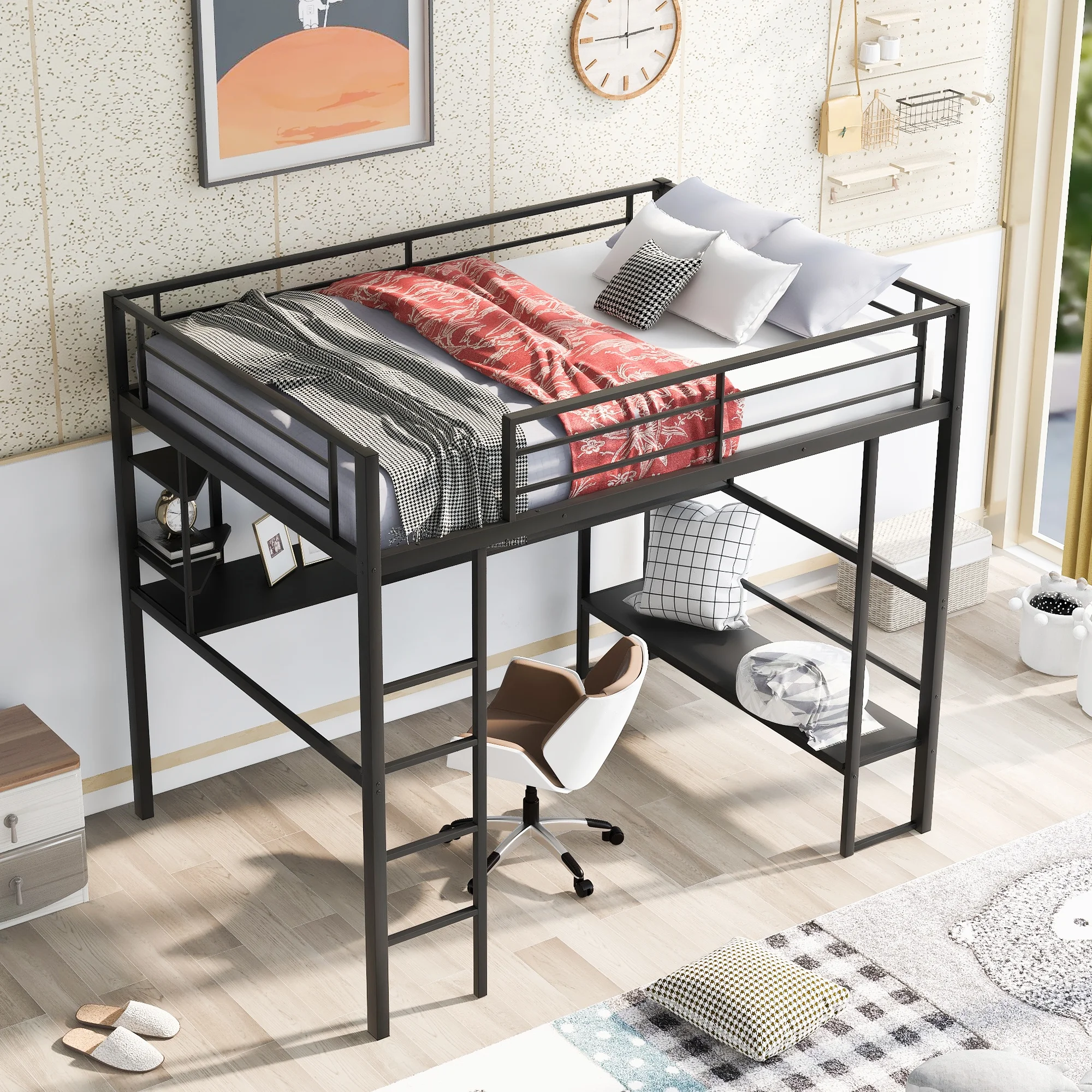 Euroco Metal Full Size Loft Bed with Desk, Shelf and Lounge for Kids Teens Bedroom, Black - Image 2