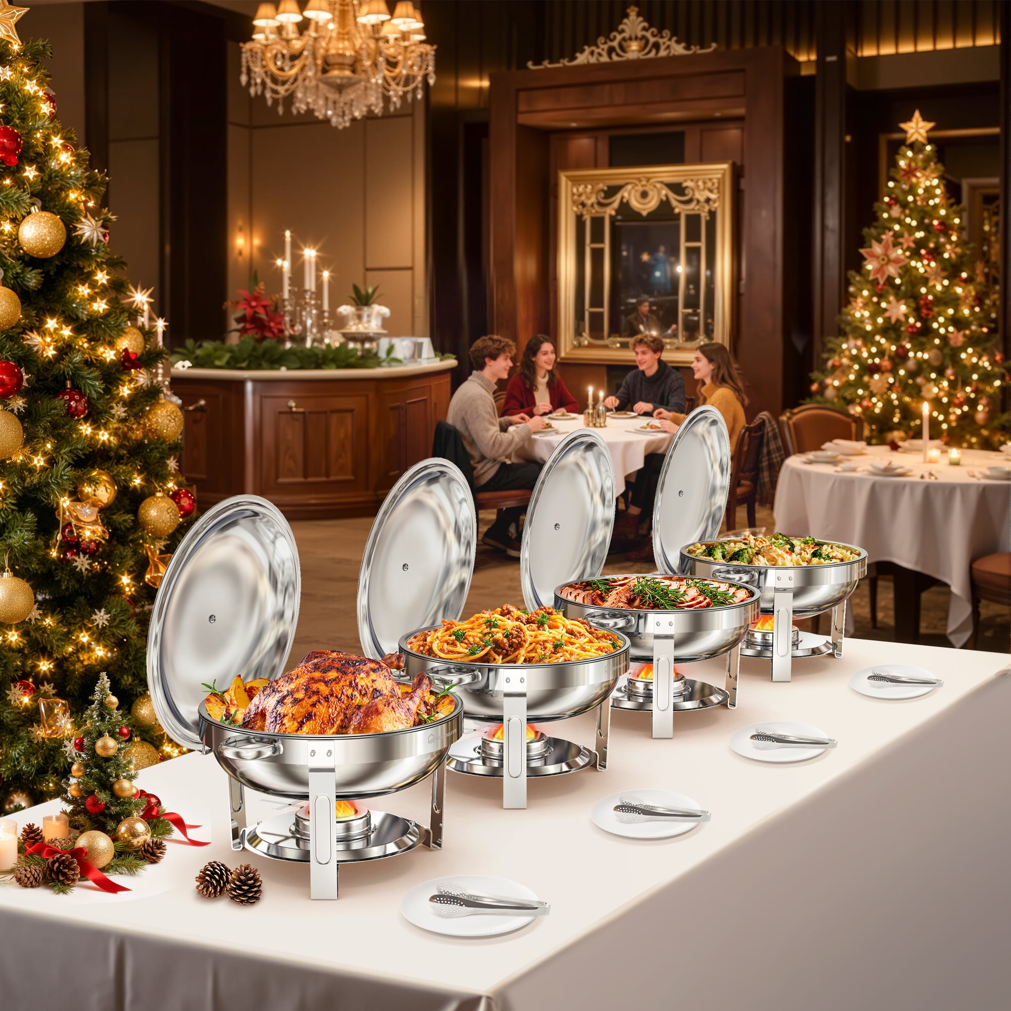 WARMOUNTS Round Chafing Dish Buffet Set 4 Pack, 5QT Polished Stainless Steel Chafing Dish, Buffet Servers and Warmers Set with Lid & Holder for Party, No Finger Cuts - Image 4