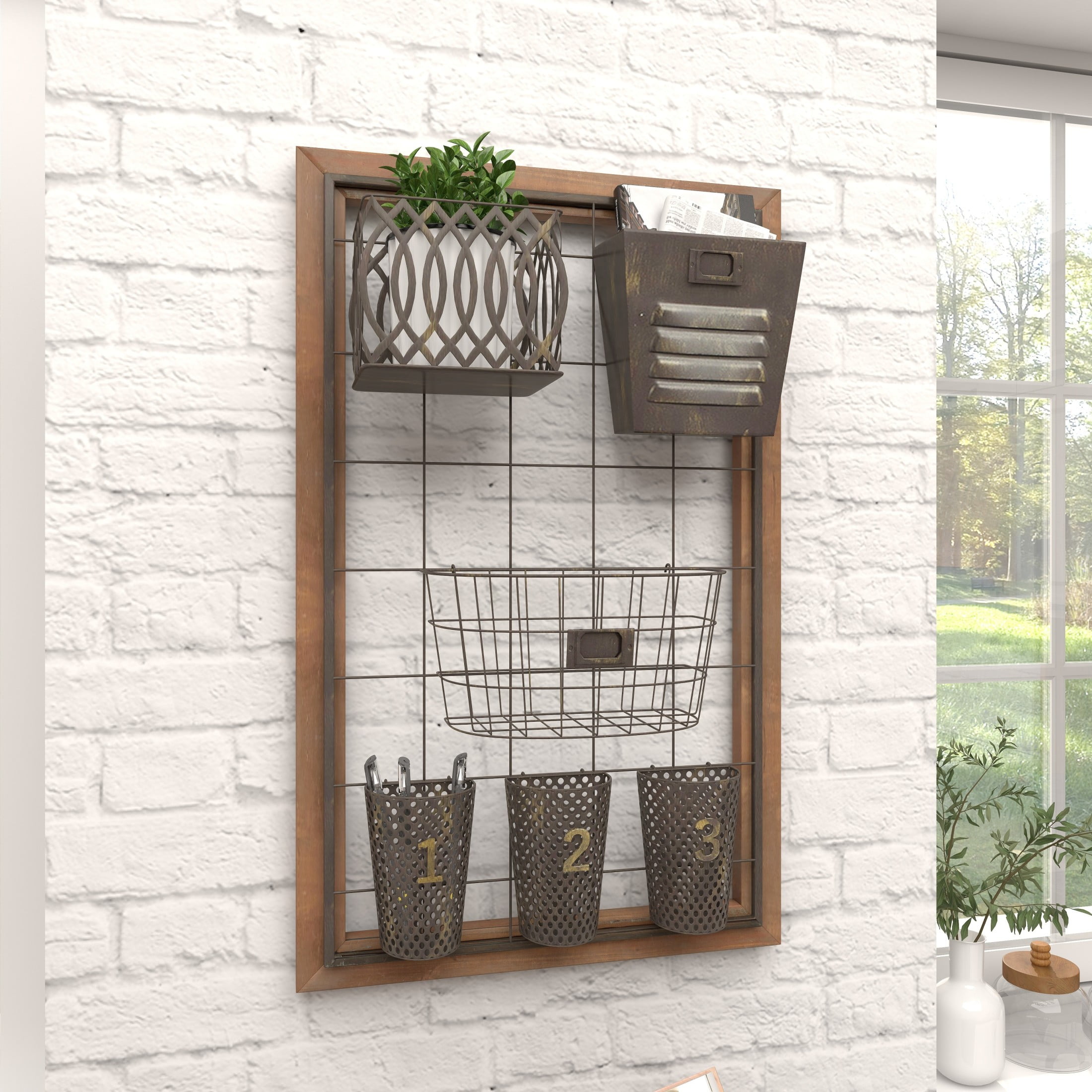 DecMode 32" Brown Metal Wall Storage Magazine Rack Holder with Suspended Baskets and Wood Frame - Image 11