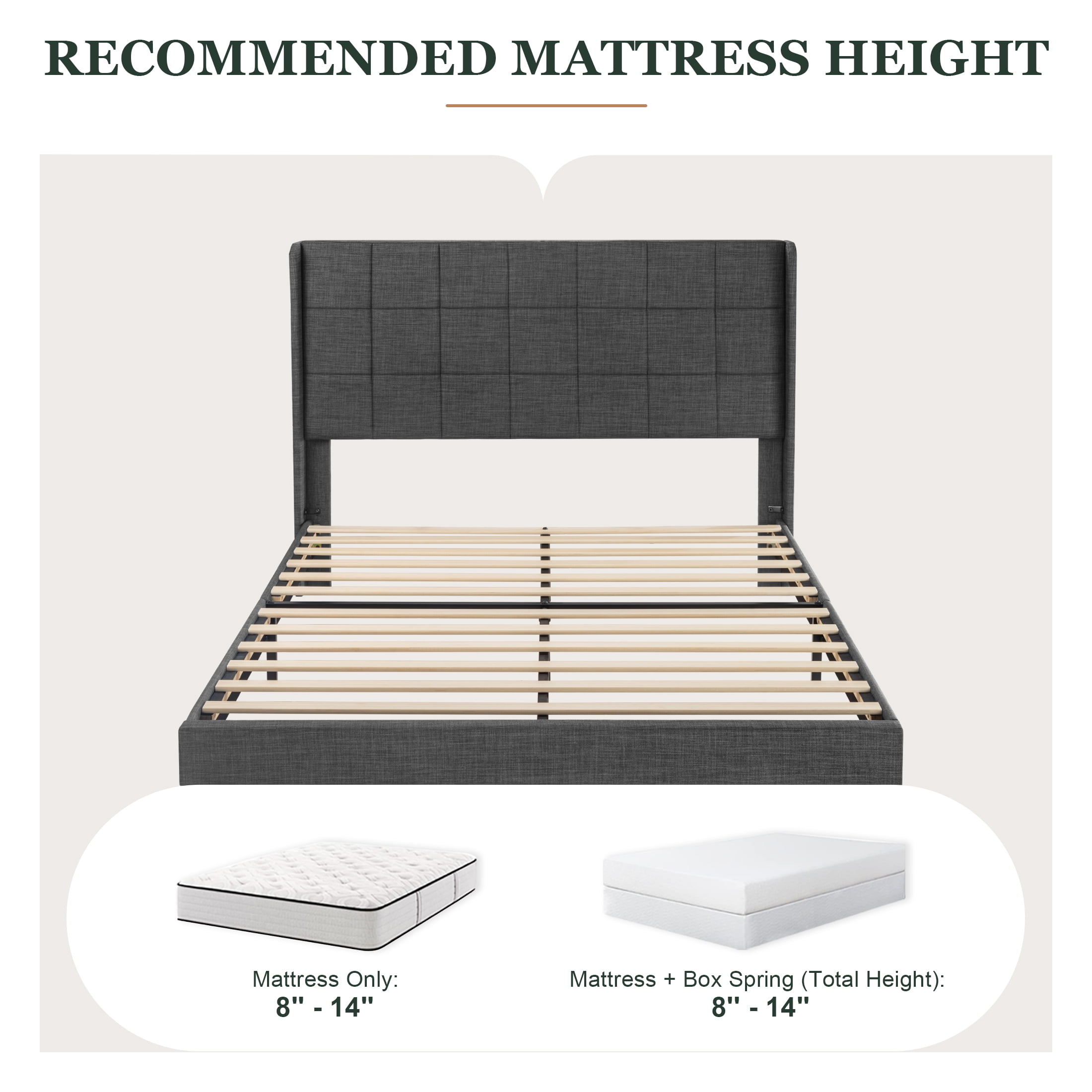 Amolife Full Size Platform Bed with Wingback Headboard, Square Stitched Style, Dark Grey - Image 3