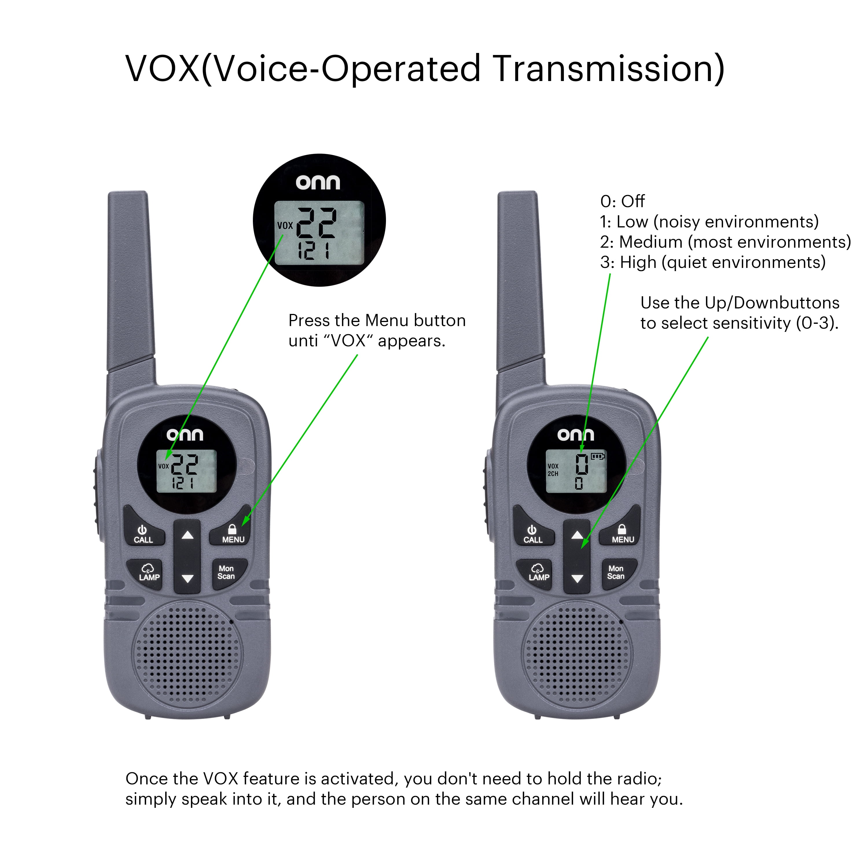 onn 23 Mile Range Walkie Talkies with Two Way Radios, LED Light and 22 FRS Channel Options, 3 Count - Image 12