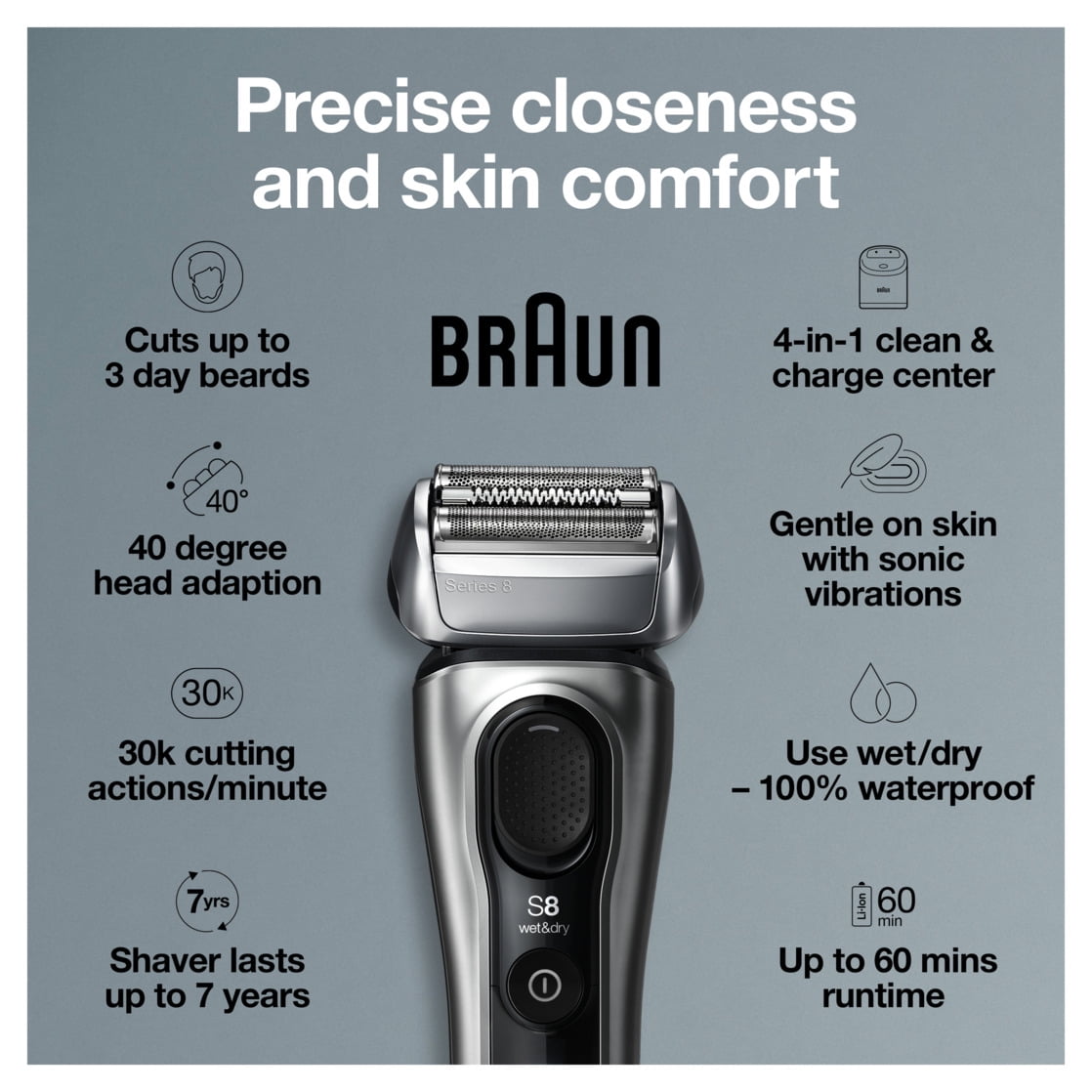 Braun Series 8 8457CC Electric Shaver for Men with Beard Trimmer, Cleaning & Charging Center, Sliver - Image 11