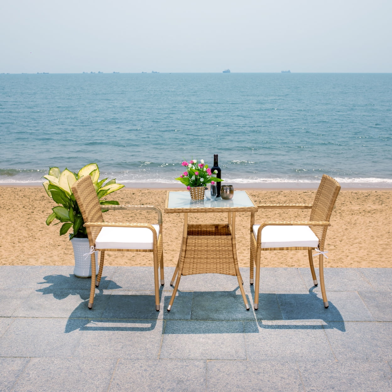 SAFAVIEH Laban Outdoor Patio 3 Piece Bistro Set, Natural/White - Image 3