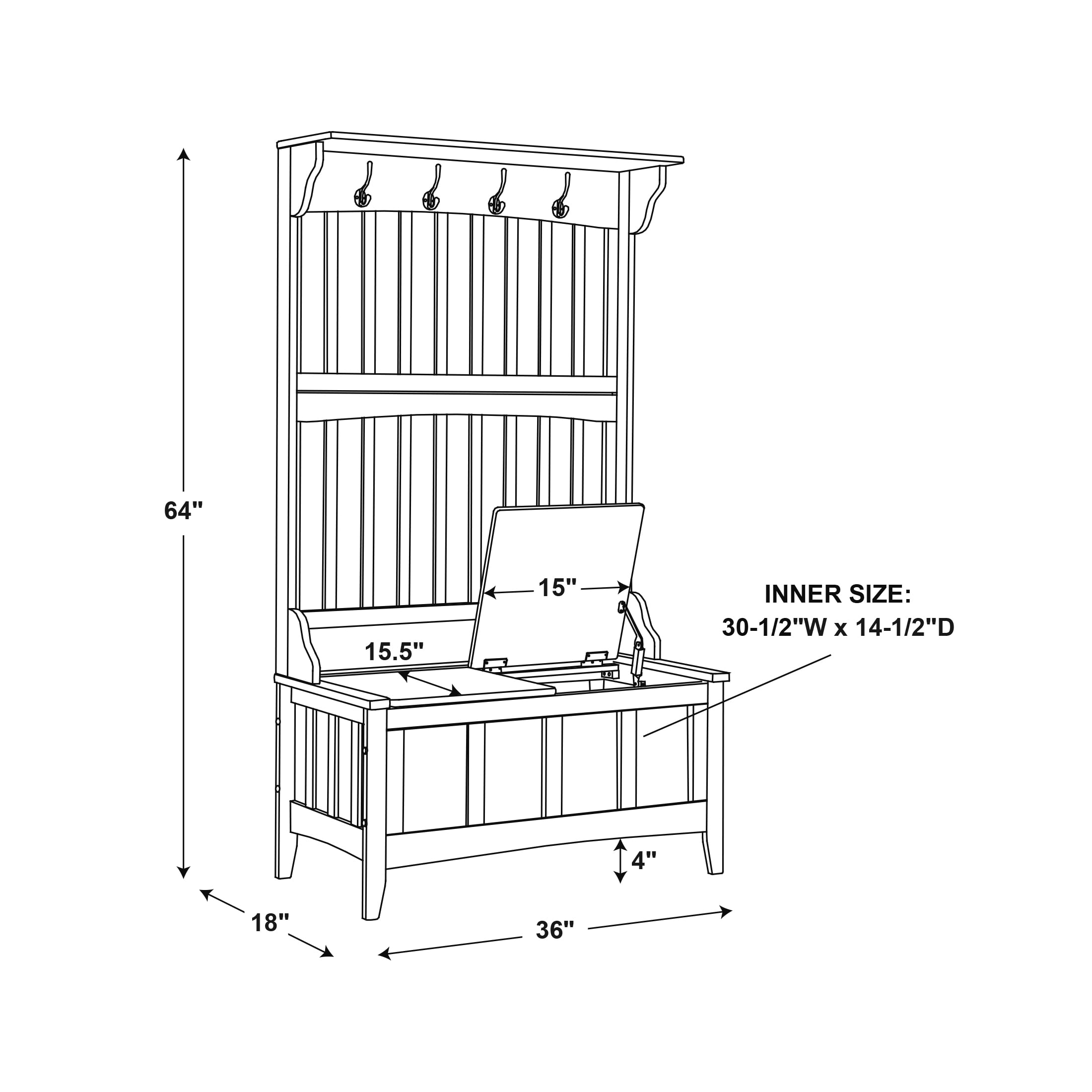 Linon Fletcher Free Standing Hall Tree with 4 Hooks and Split Seat Storage Bench, Walnut - Image 7