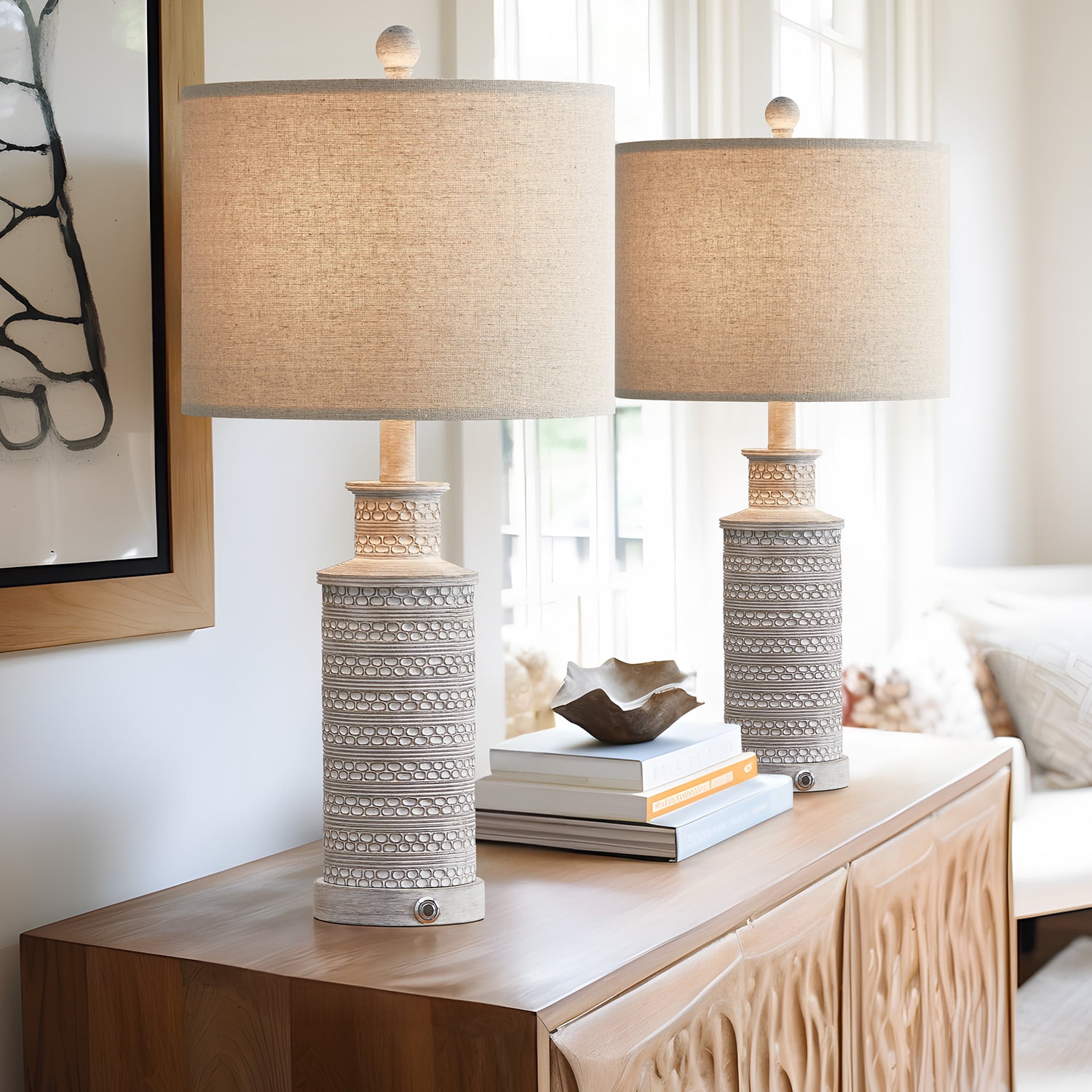 Oneach 3 Way Dimmable Table Lamp Set of 2 with USB Ports for Bedroom Living Room 24.5" Vintage Rustic Farmhouse Touch Control Nightstand Bedside Lamps Resin (Bulbs) - Image 4