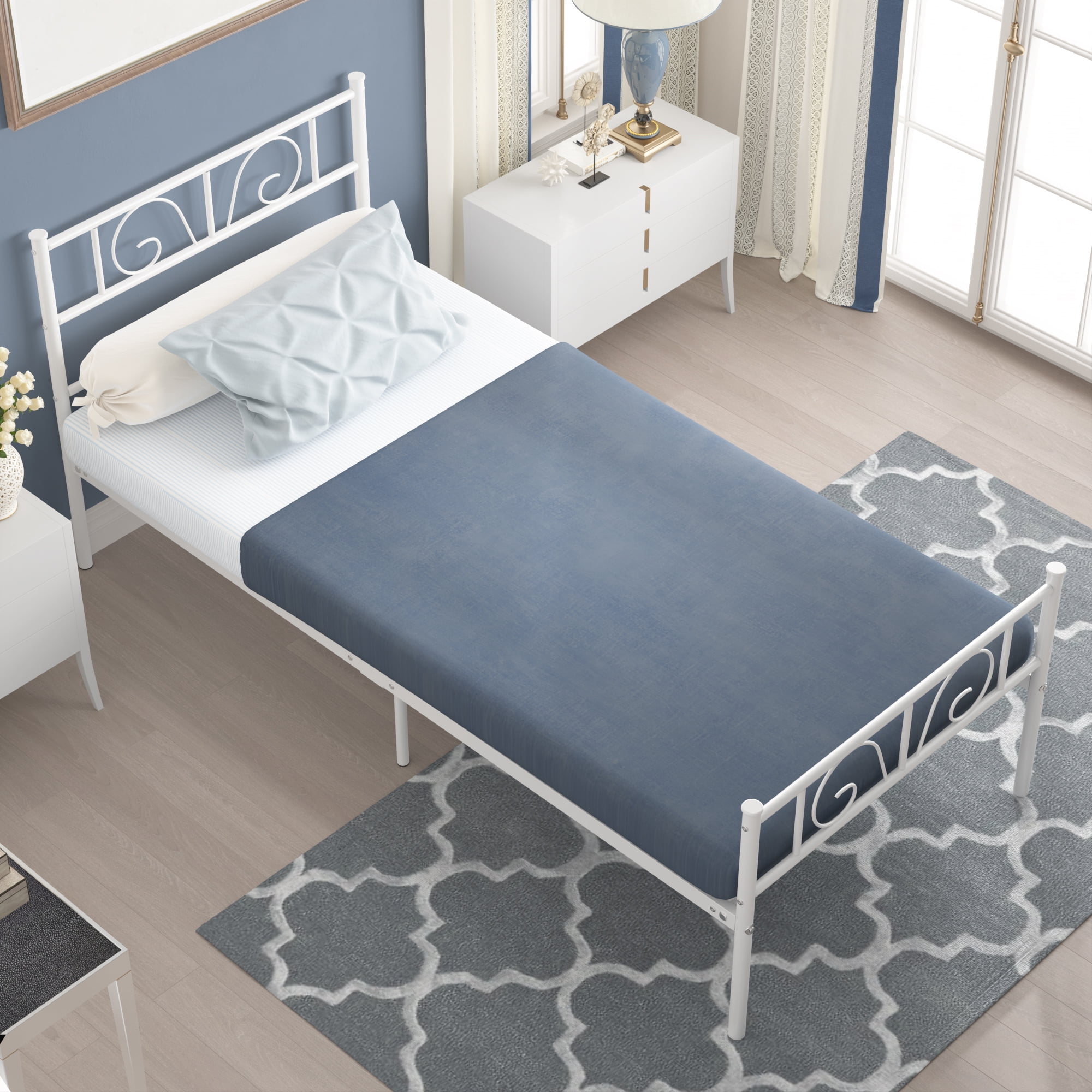 Yoneston Twin Metal Platform Bed with Elegant Pattern Headboard, Heavy Duty Bed Frame Foundation No Box Spring Needed, White - Image 9