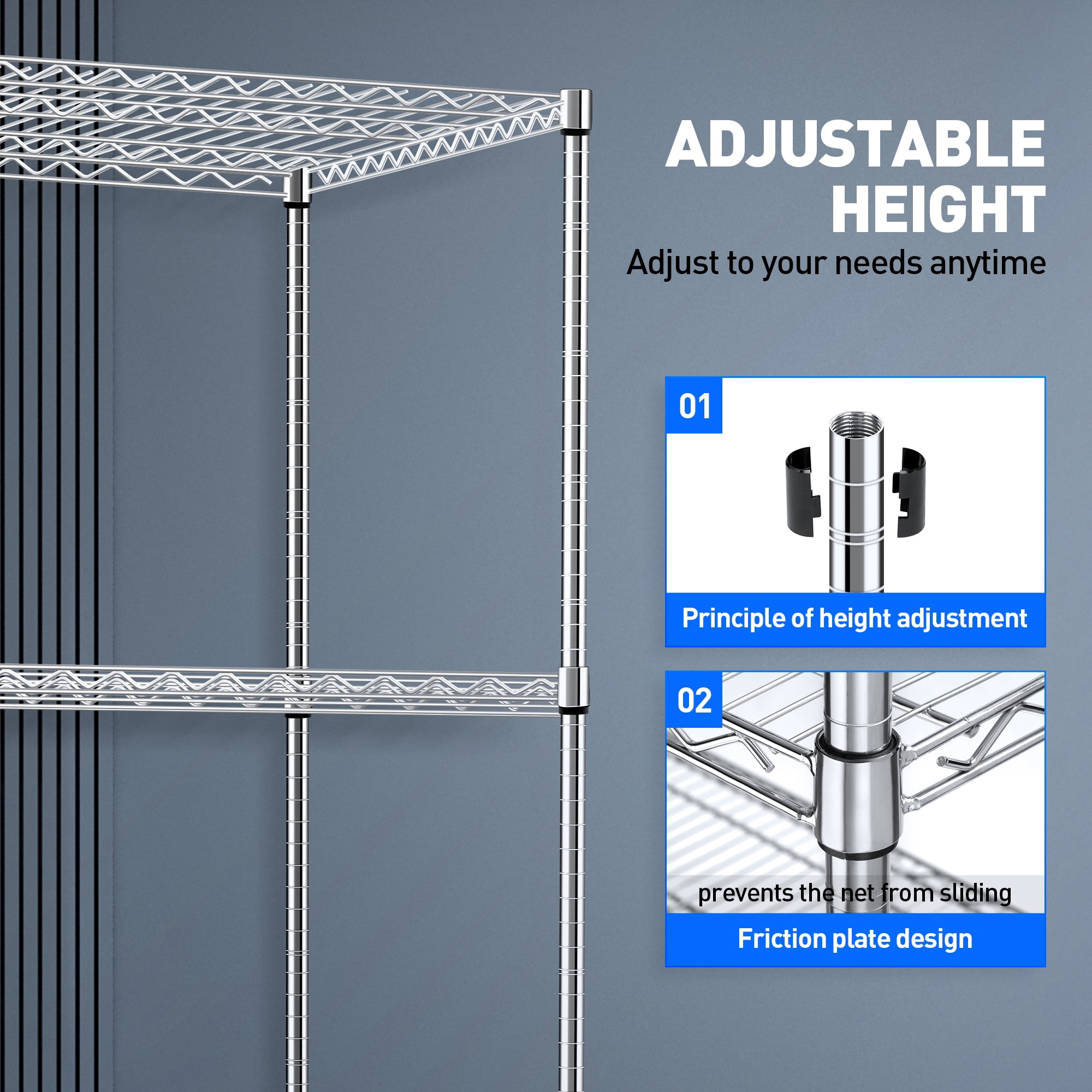 4-Tier 60"x 24"x72" Heavy Duty Wire Shelving with Wheels, Silver Metal Shelves ,Chrome 2400Lbs Capacity Garage Shelving - Image 4