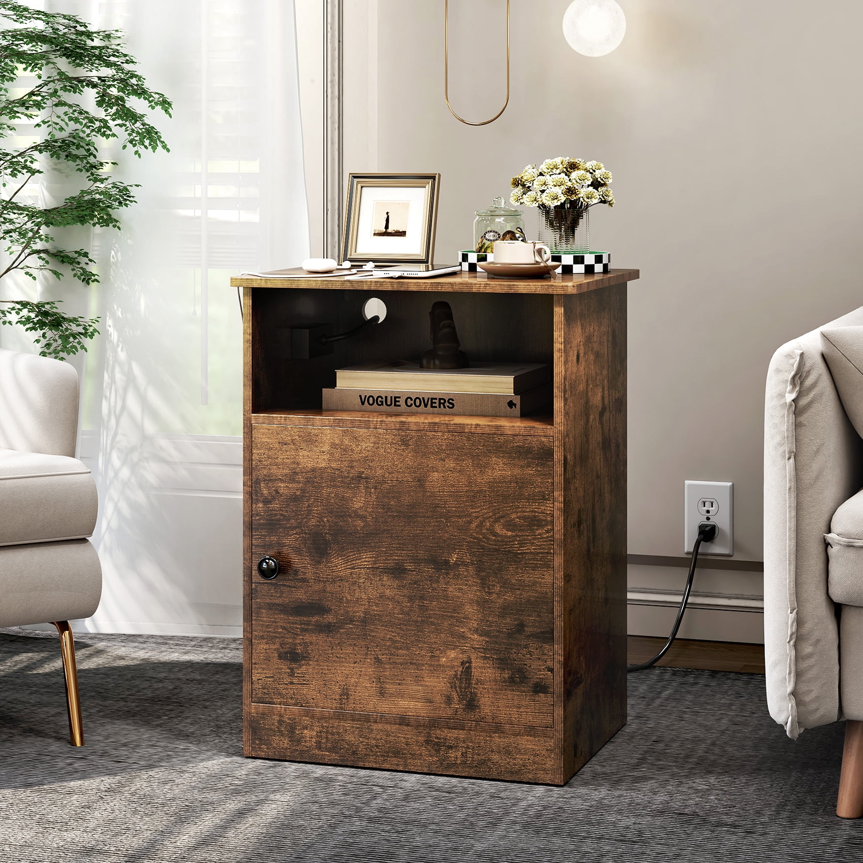 TC-HOMENY Nightstand with Charging Station Modern End Side Table with Storage Cabinet & USB Ports & Power Outlets for Bedroom Living Room - Image 3