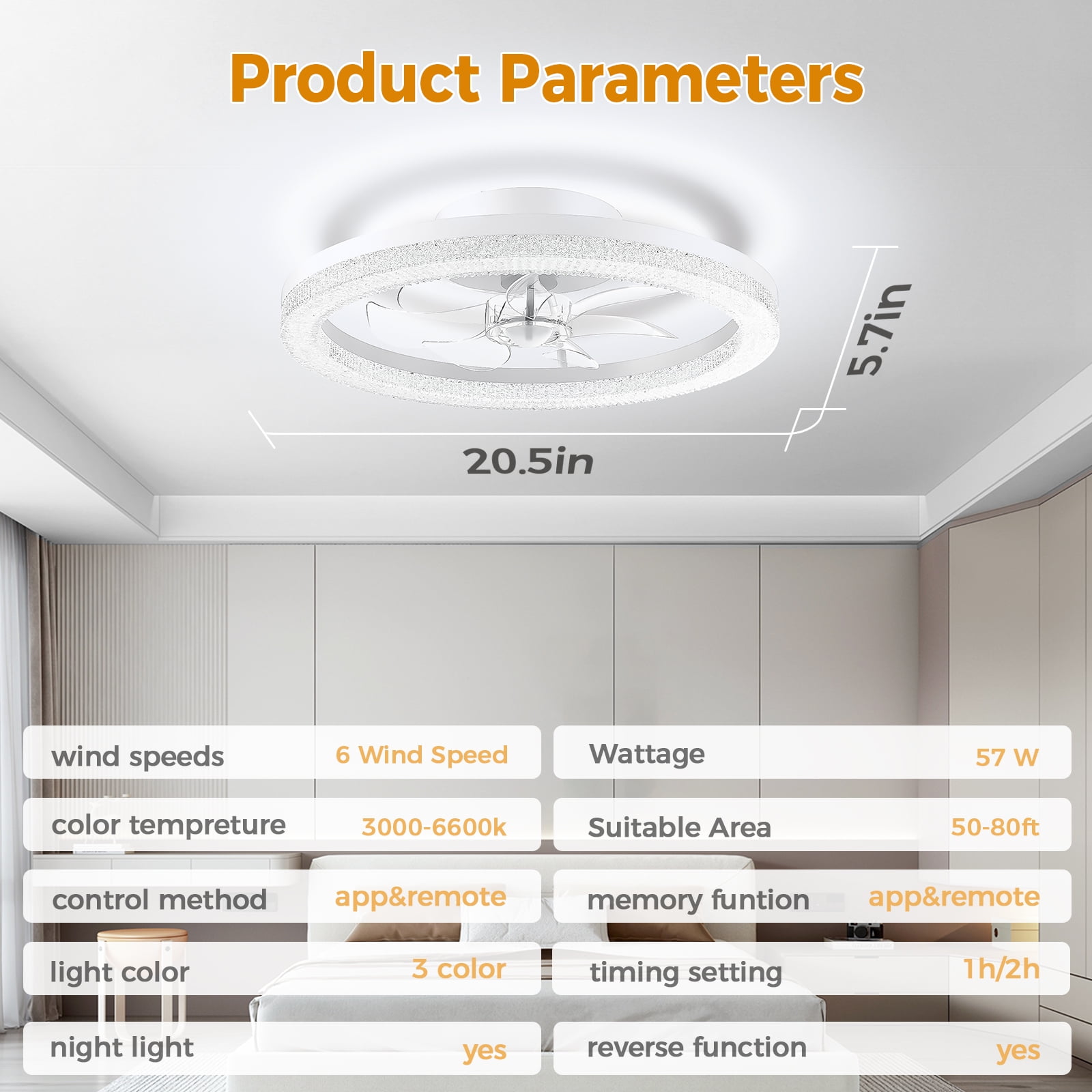XAUJIX 20.5" Ceiling Fan with Light and Remote&APP -6 Wind Speeds, Modern Dimmable LED Ceiling Fan, Smart Ceiling Fan for Bedroom, Kids Room-White - Image 2