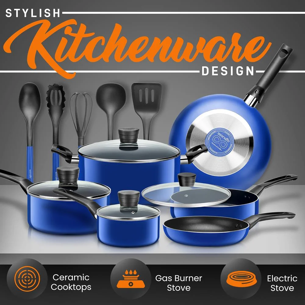 SereneLife 15 Piece Pots and Pans Non Stick Kitchenware Cookware Set, Blue - Image 3