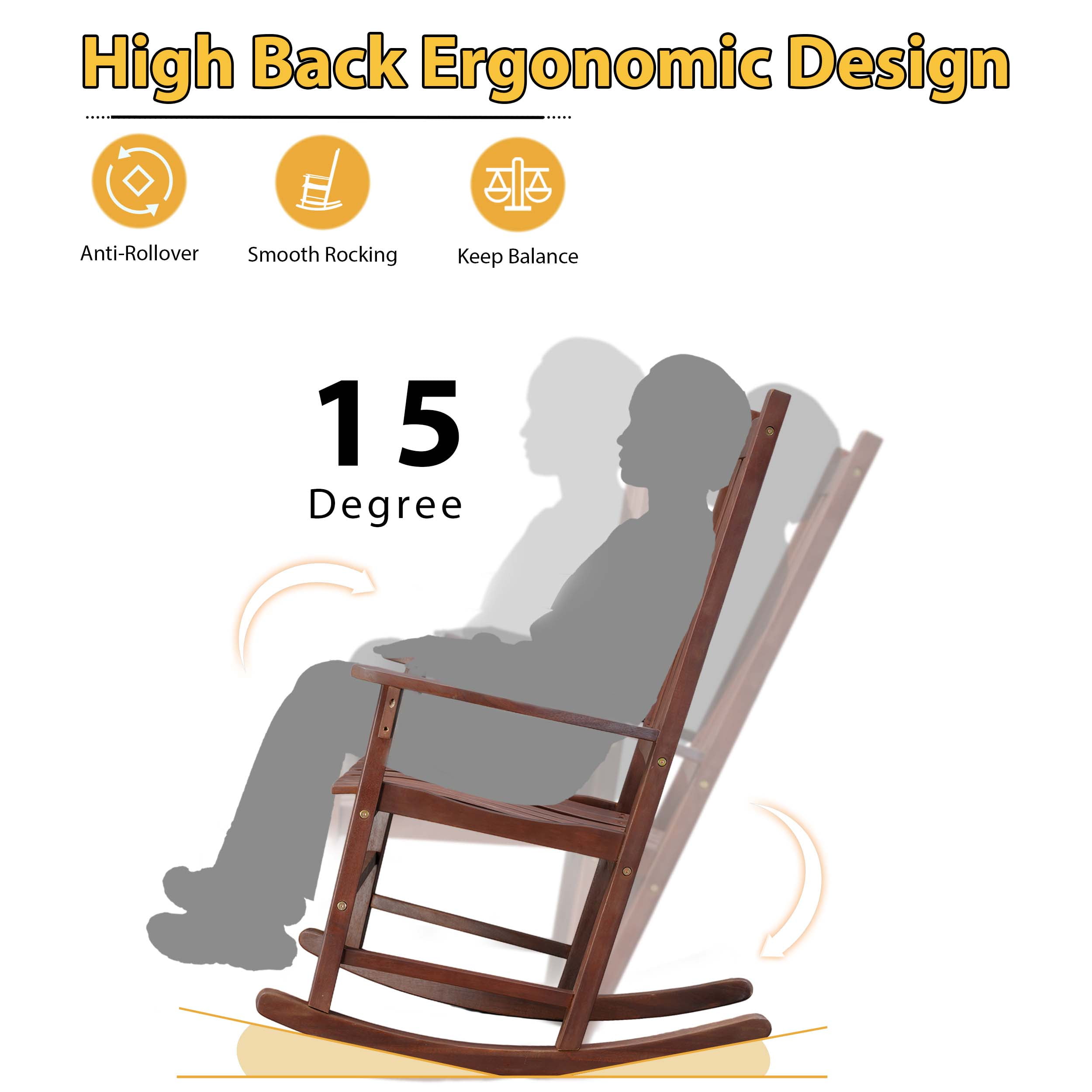 TrumanPick Outdoor Rocking Chair Wooden Porch Rocker for Adults Weather Resistant Finish, 25"W x 33"D x 45"H Brown-1Pack - Image 6