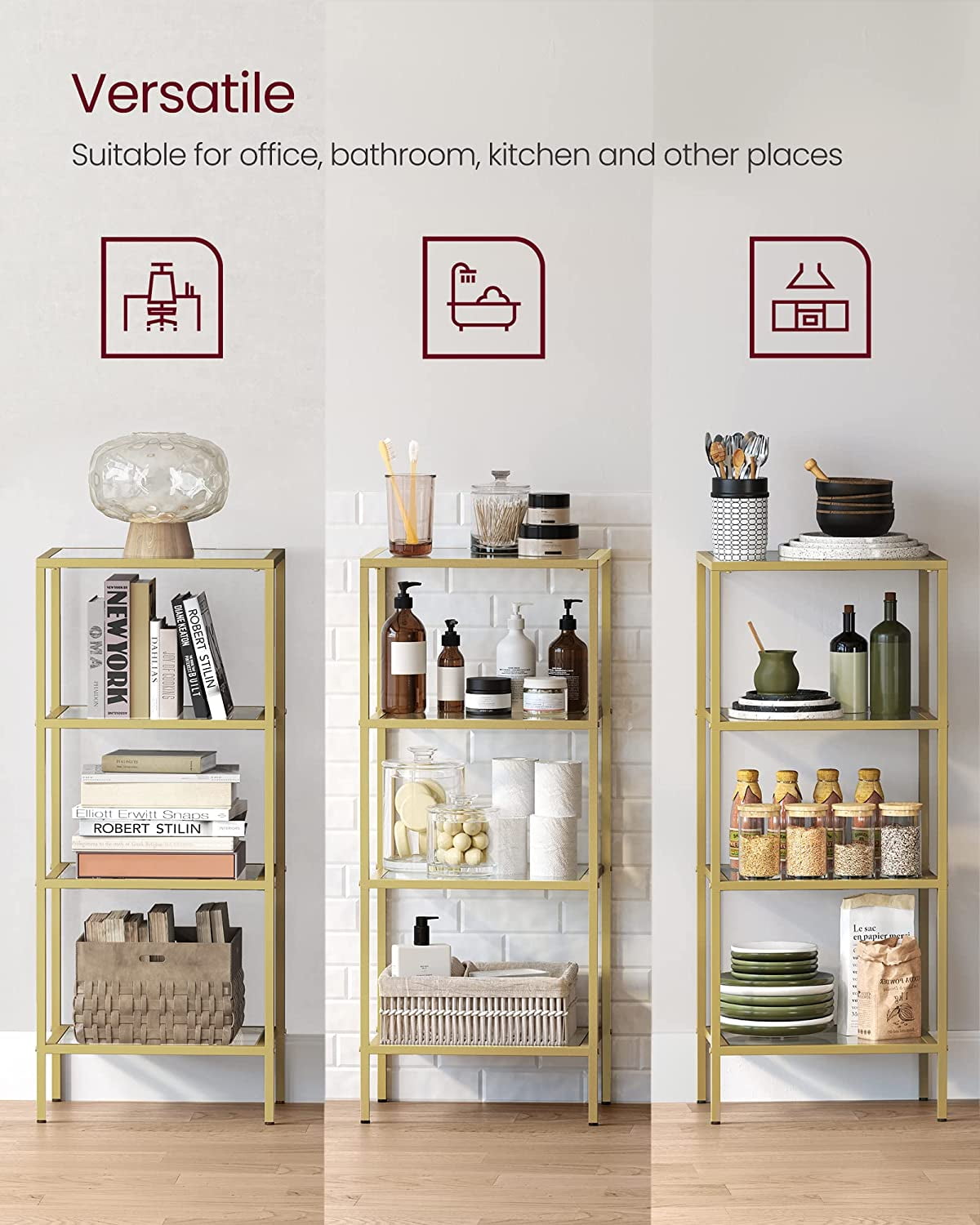 Bookcase 4-Tier Bookshelf Slim Shelving Unit for Bedroom Bathroom Home Office Tempered Glass Steel Frame Gold - Image 6