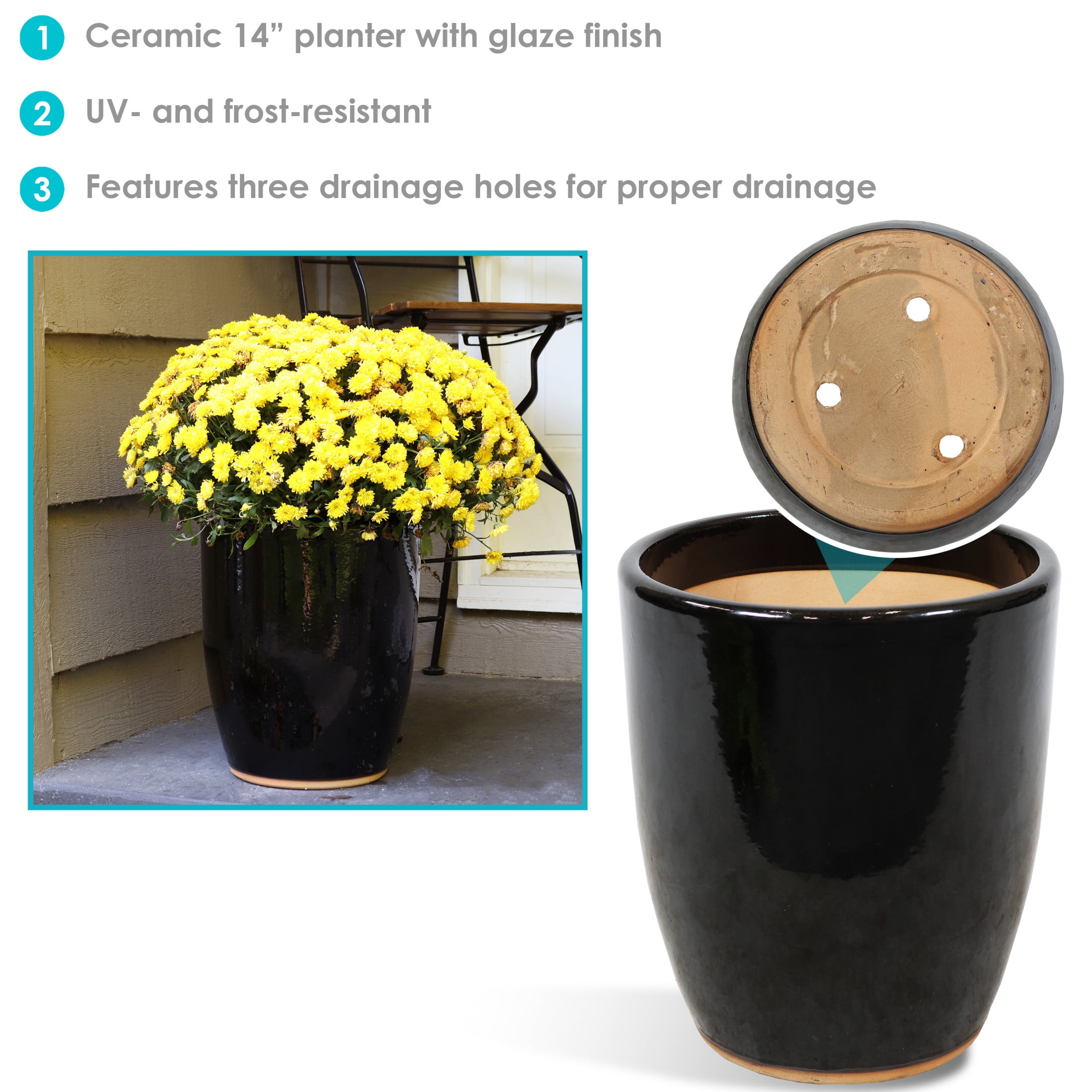 Sunnydaze Captivating Vista 14" x 14" x 16.5" Round Obsidian Ceramic Outdoor Planter - Image 5