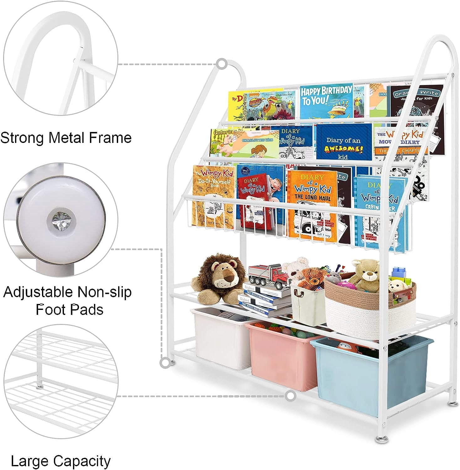 Dueatib Metal Kids Bookshelf Freestanding,Book Organizer for Kids,Bookcase Rack 32in Bookshelf with 2 Tier Children's Toys Display Storage Organizer Shelves(5-tier/32in,White) - Image 2