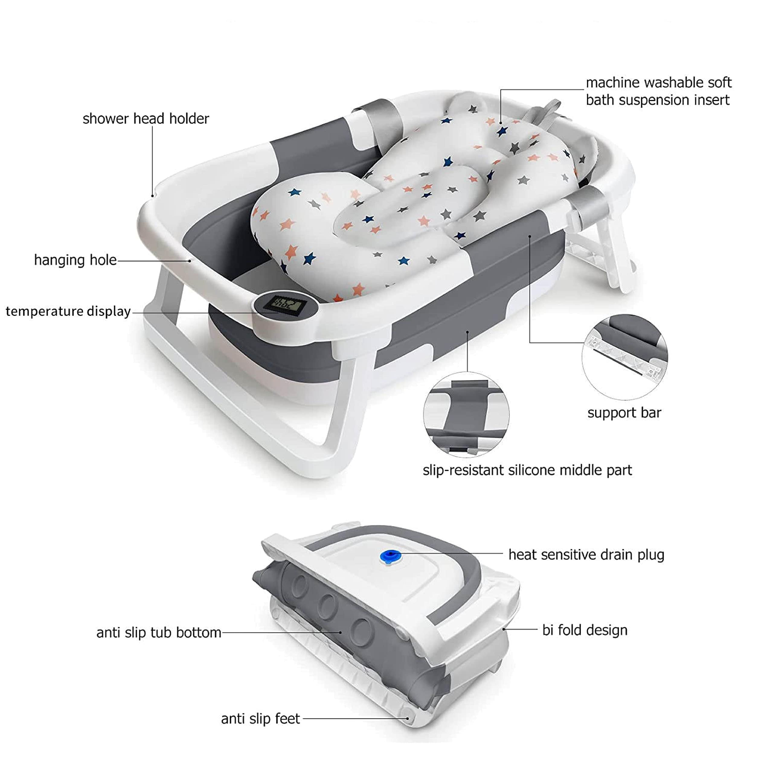 TOPCHANCES Collapsible Baby Bathtub with Thermometer, Newborn Baby Shower Tub with Baby Tub Cushion & Bath Net, Portable Baby Folding Bathtub for 0-12 Month Newborn, Grey - Image 3
