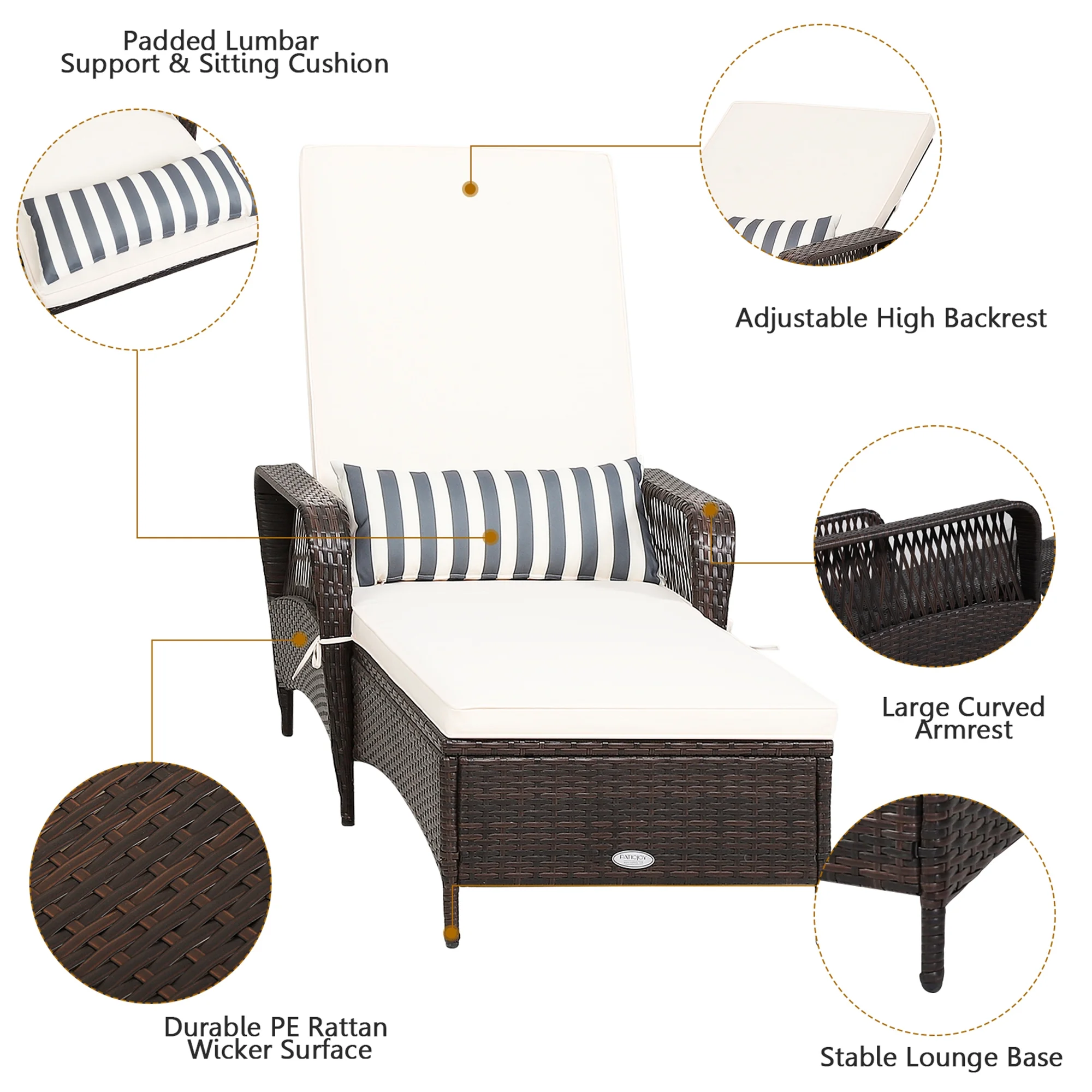 Gymax Rattan Patio Lounge Chair Chaise w/ Adjustable Backrest Cushion & Pillow - Image 3