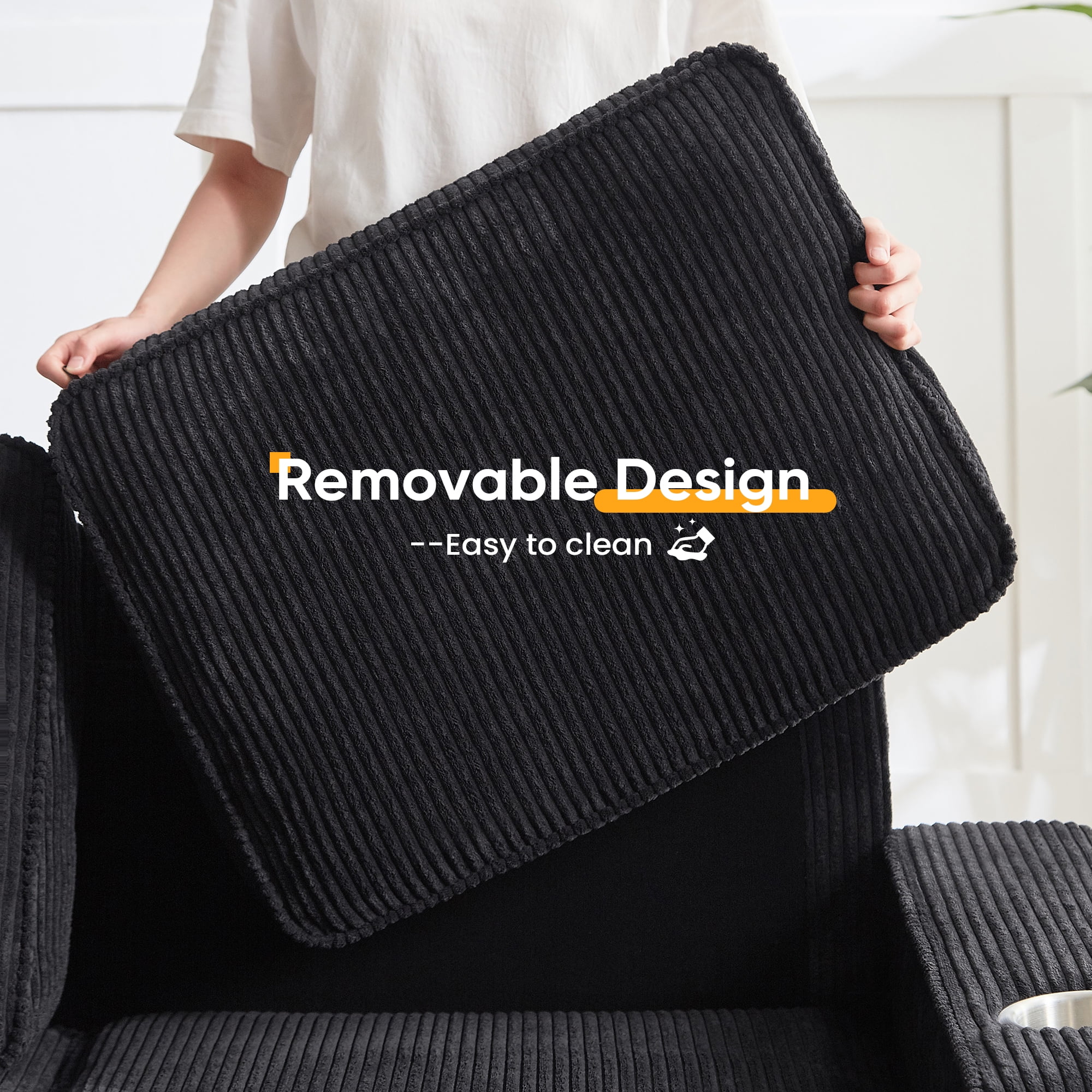 Lunale 83.9" Corduroy Sofa with Cup Holders, Modern 3-Seater Couch for Living Room, Black - Image 9